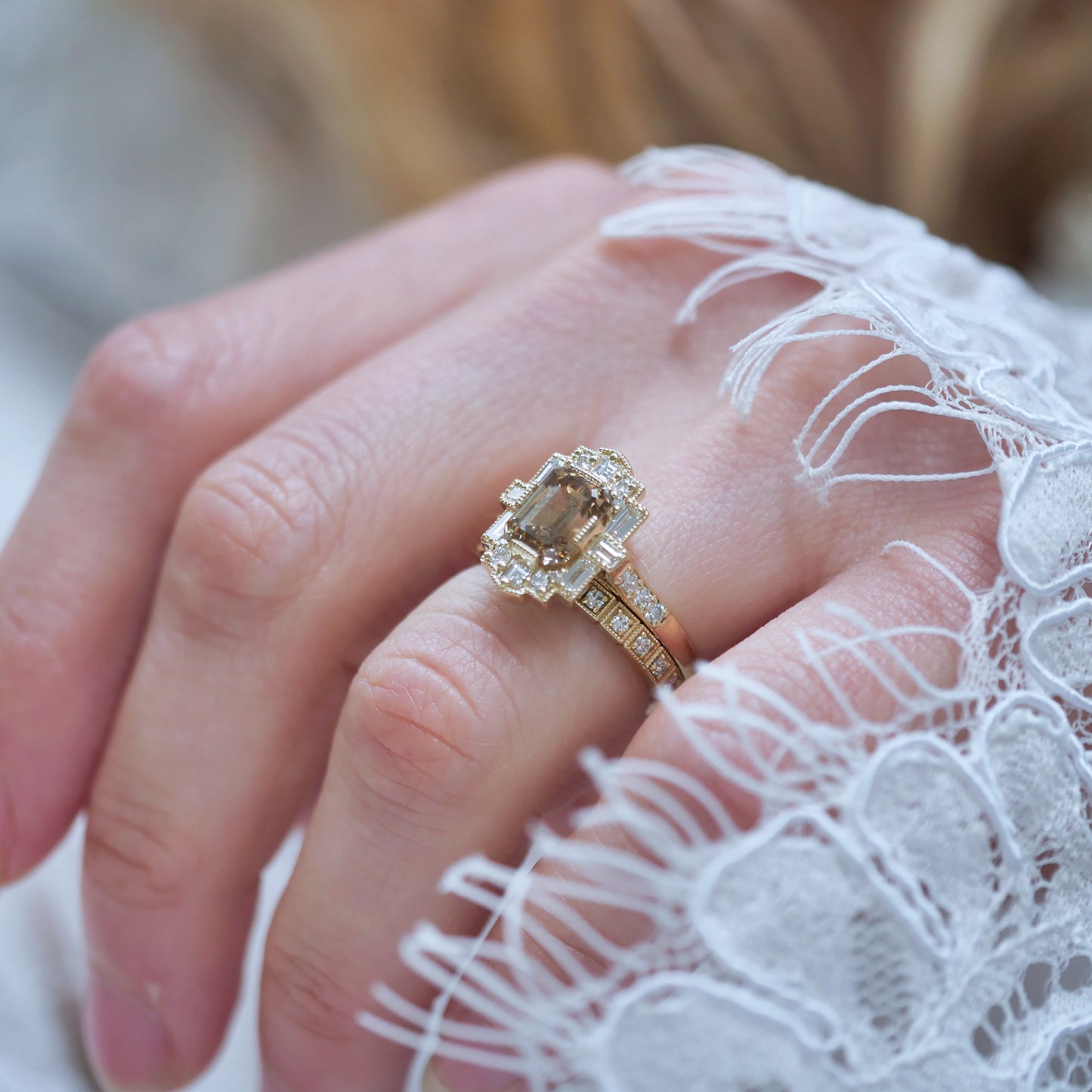 Deco Emerald Cut Champagne Diamond Mosaic Ring