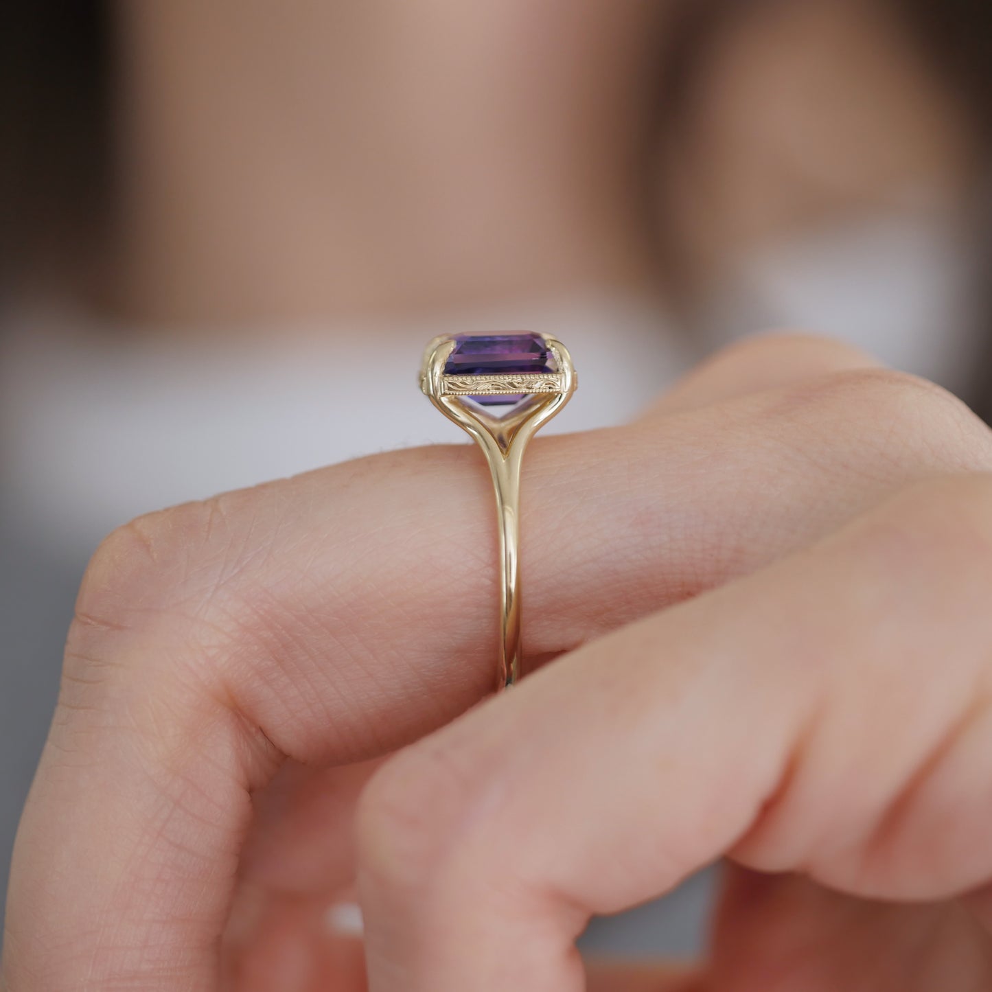 Split Shank Purple Emerald Cut Sapphire Solitaire