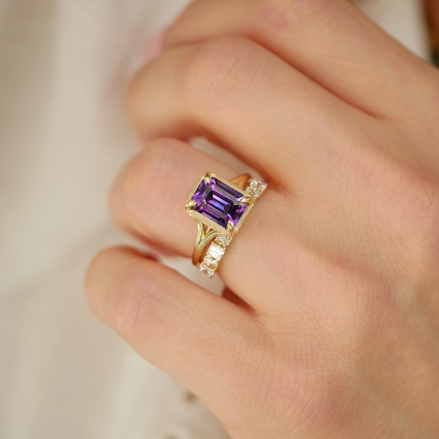 Split Shank Purple Emerald Cut Sapphire Solitaire