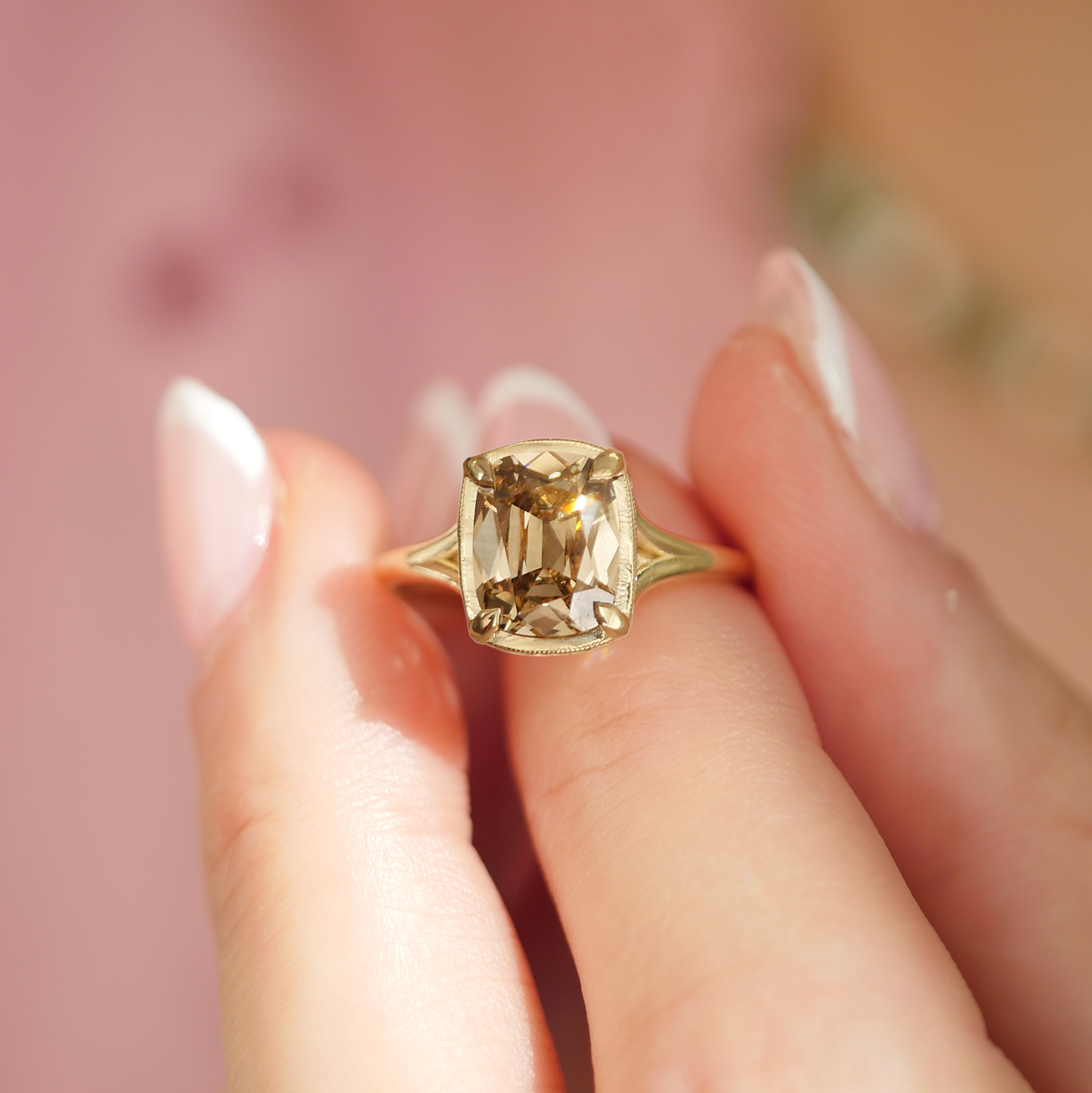 Split Shank Antique Cushion Champagne Diamond
