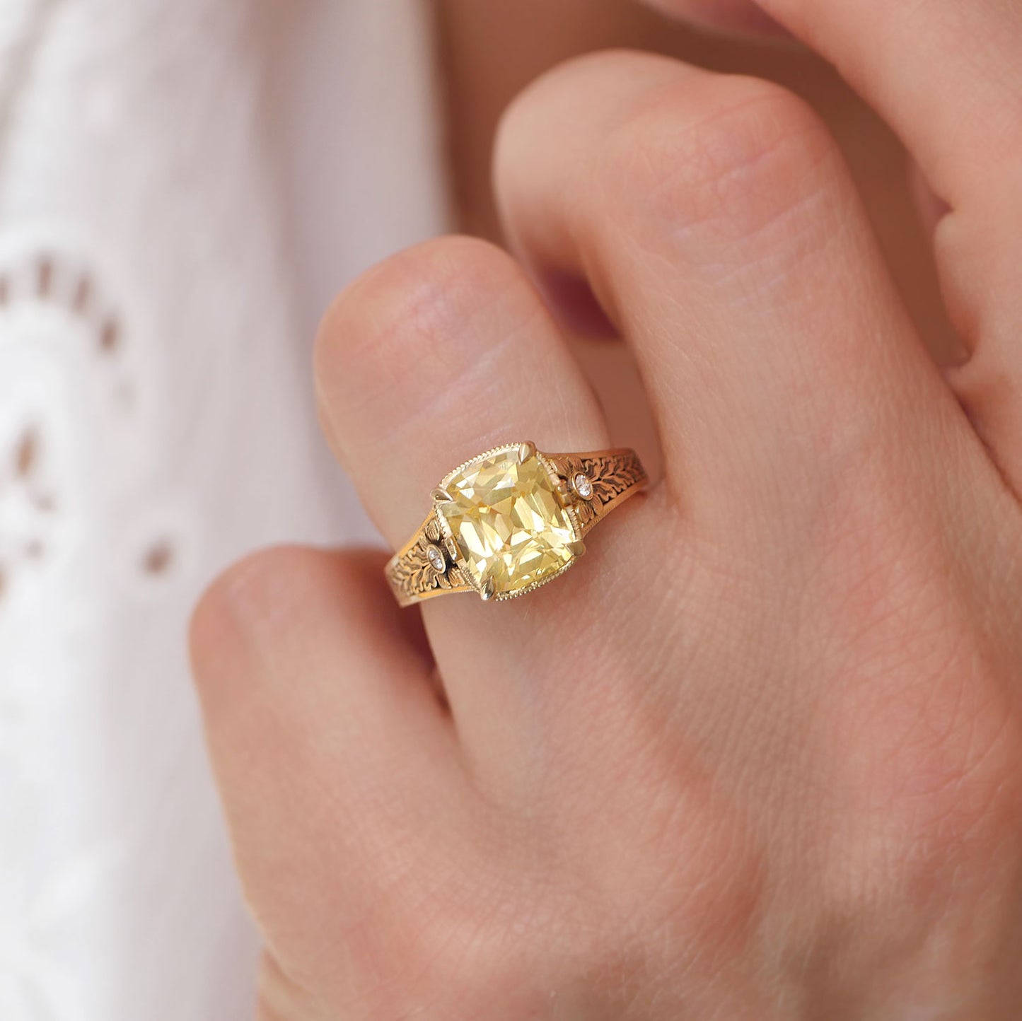 Nightbloom Antique Cushion Cut Yellow Sapphire Ring