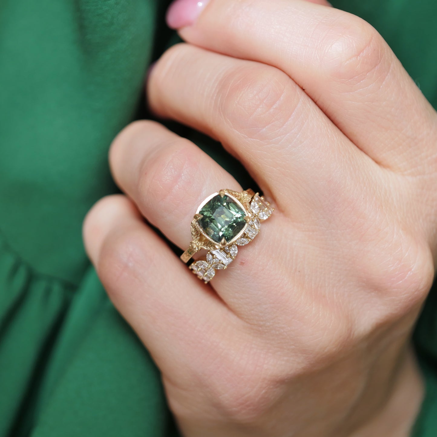 Forest Green Sapphire Split Shank Solitaire