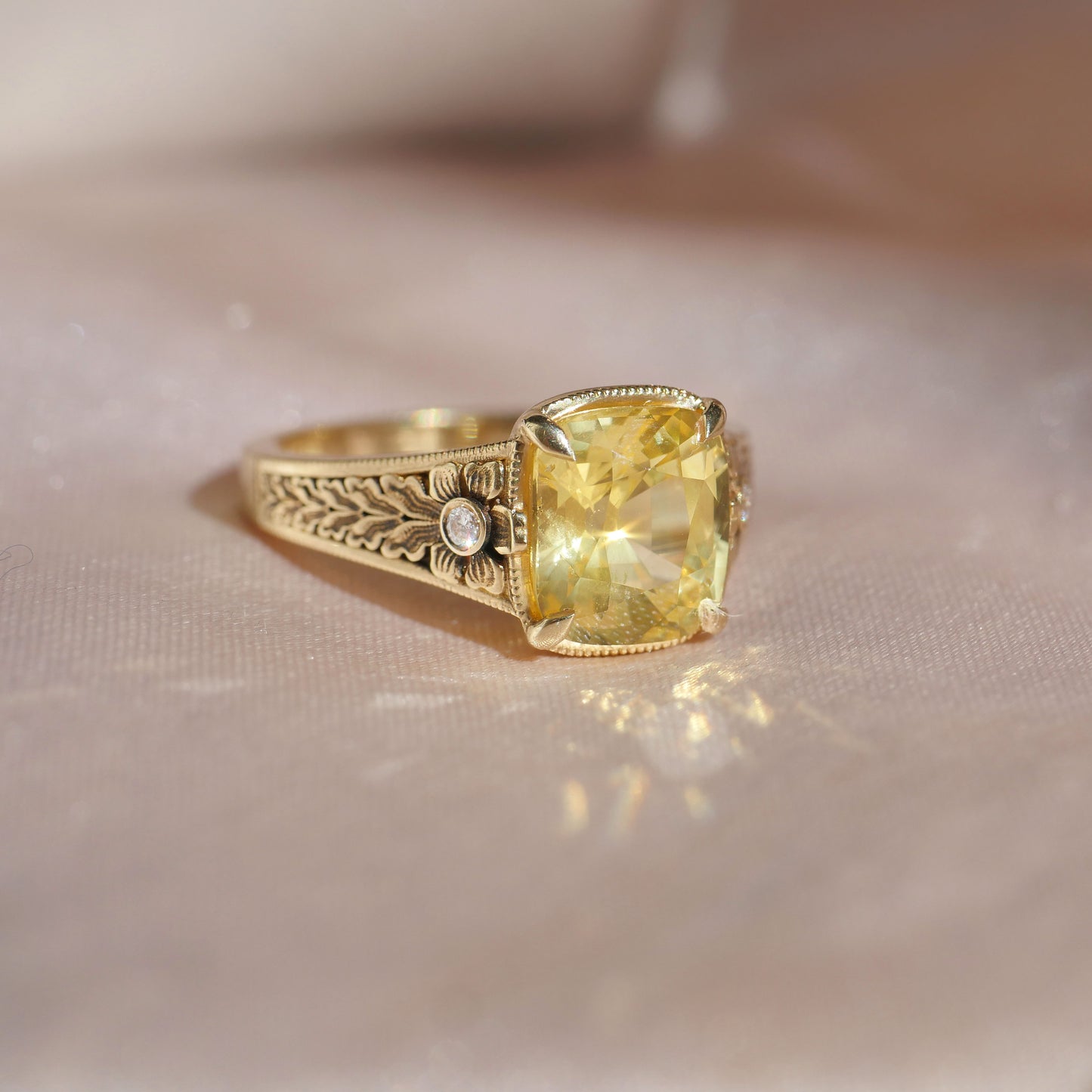 Nightbloom Antique Cushion Cut Yellow Sapphire Ring
