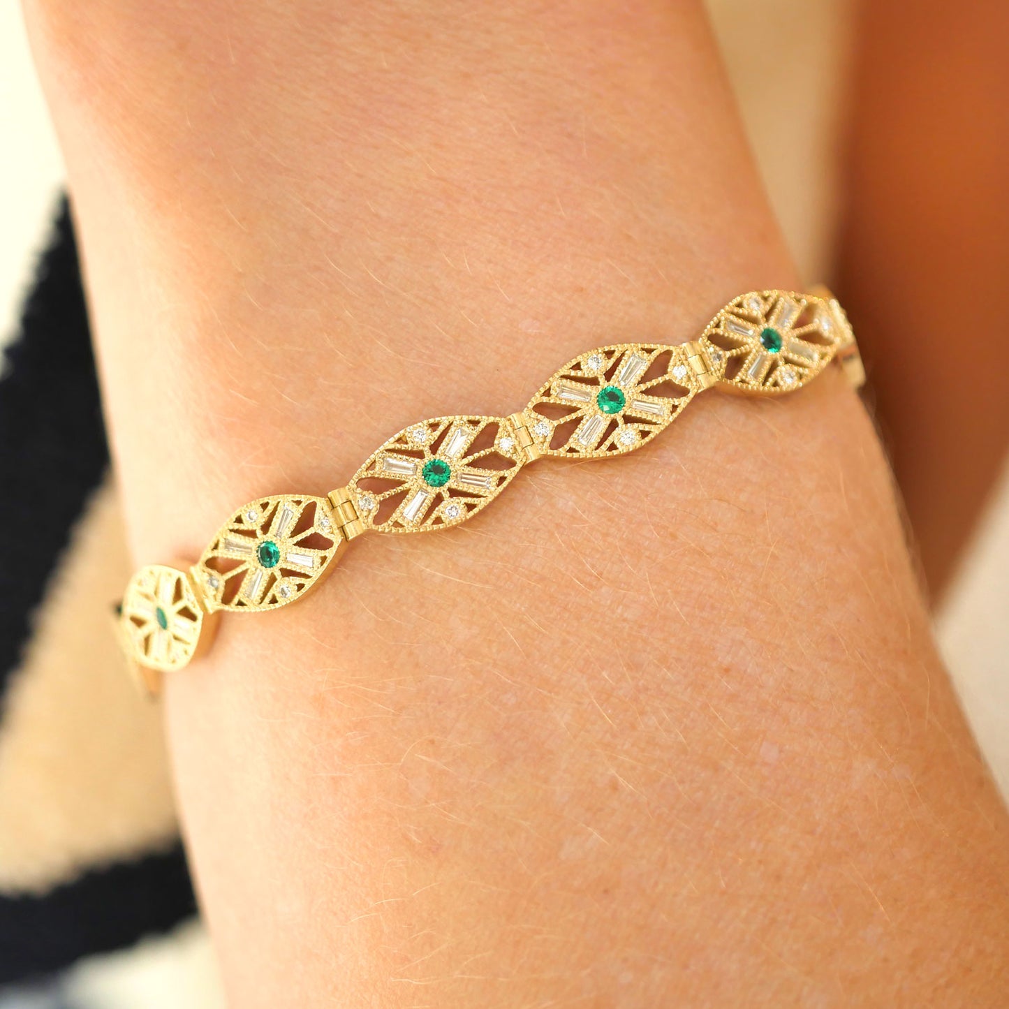 Custom Diamond and Emerald Art Deco Link Bracelet