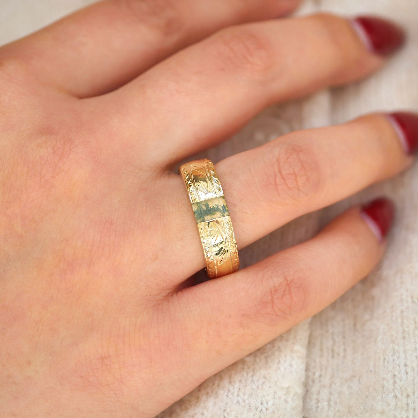 Custom Hand Engraved Mens Moss Agate Ring