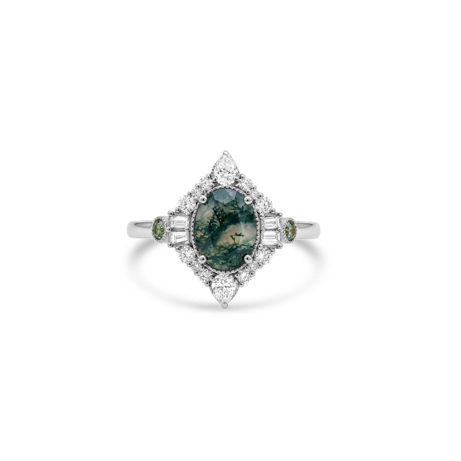 Custom Oval Moss Agate Art Deco Inspired Engagement Ring
