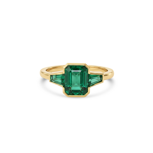 Emerald Bezel Trio Engagement Ring