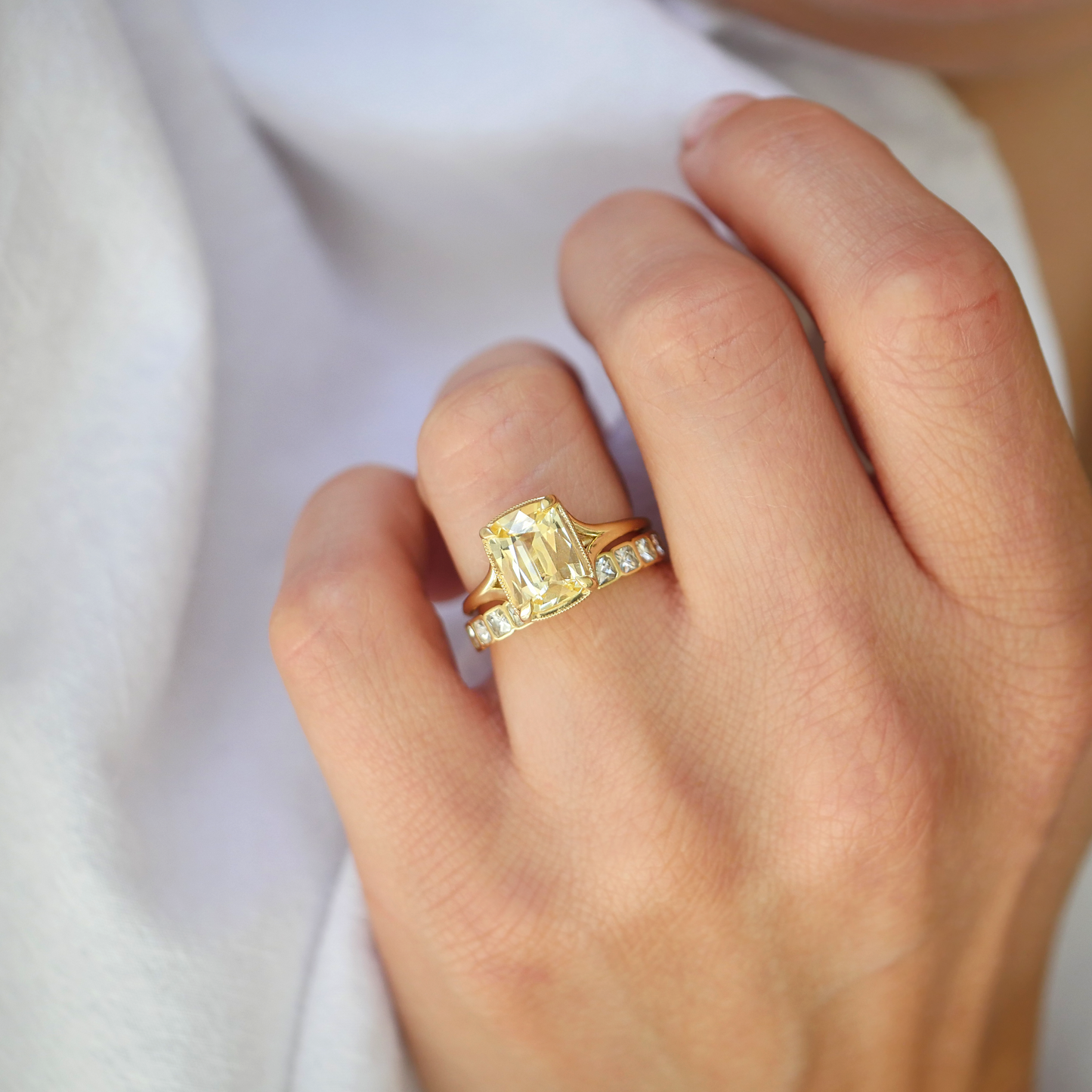 Yellow Elongated Antique Cushion Sapphire Split Shank Solitaire