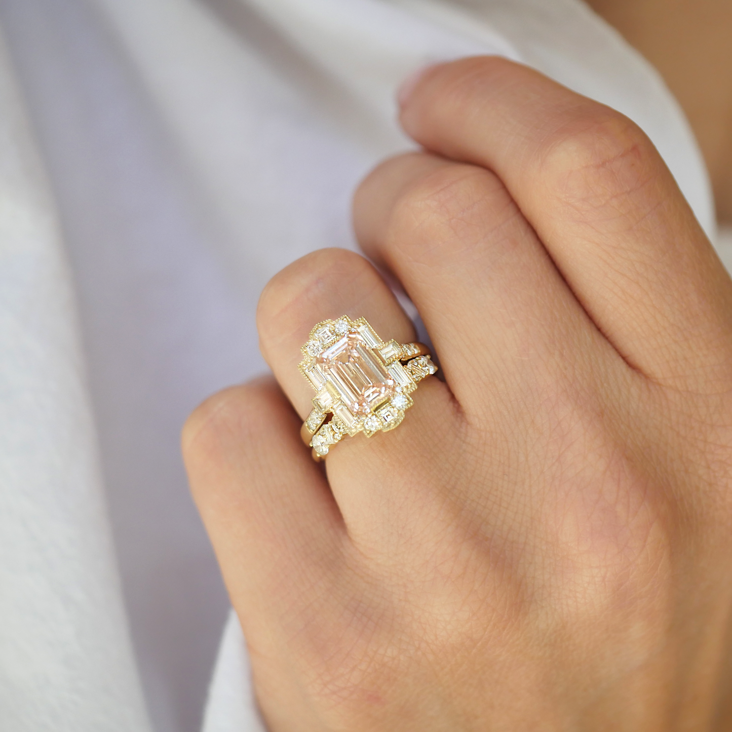 Deco Emerald Cut Pink Diamond Mosaic Ring