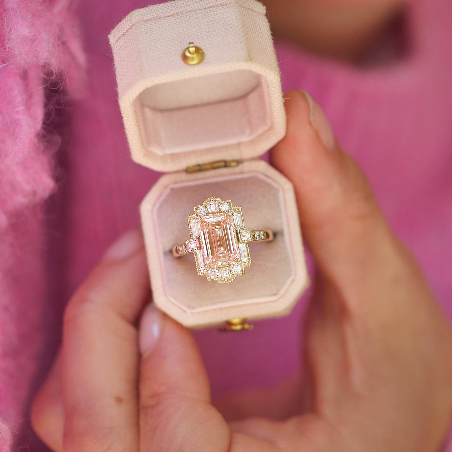 Deco Emerald Cut Pink Diamond Mosaic Ring