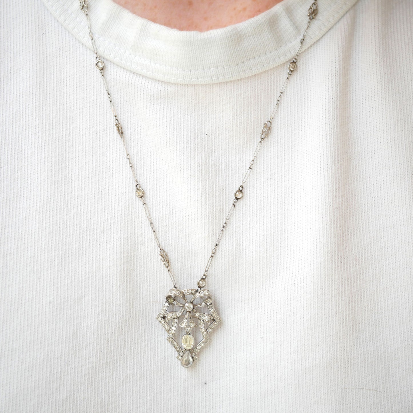Antique Diamond Bow Pendant Necklace