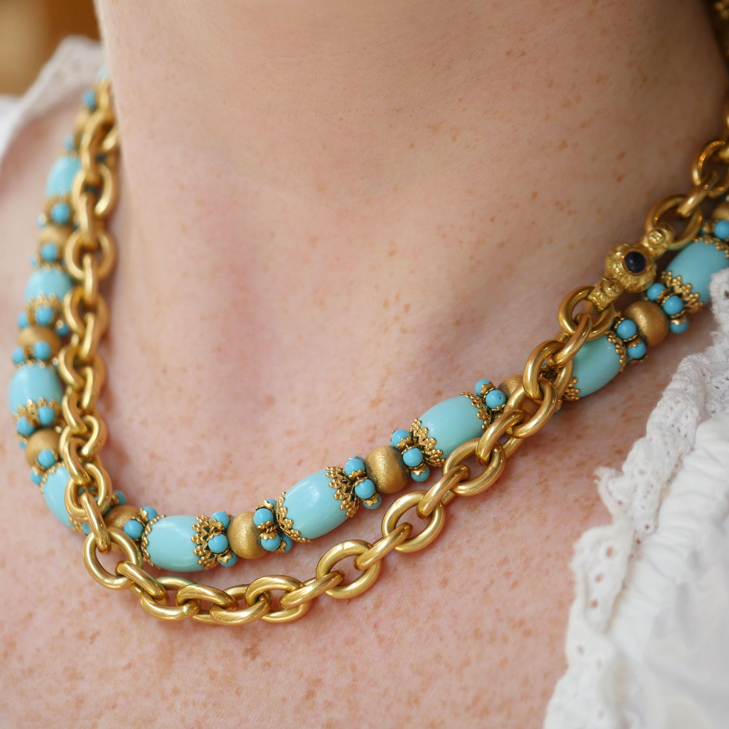 Vintage Gold, Ruby and Sapphire Link Necklace