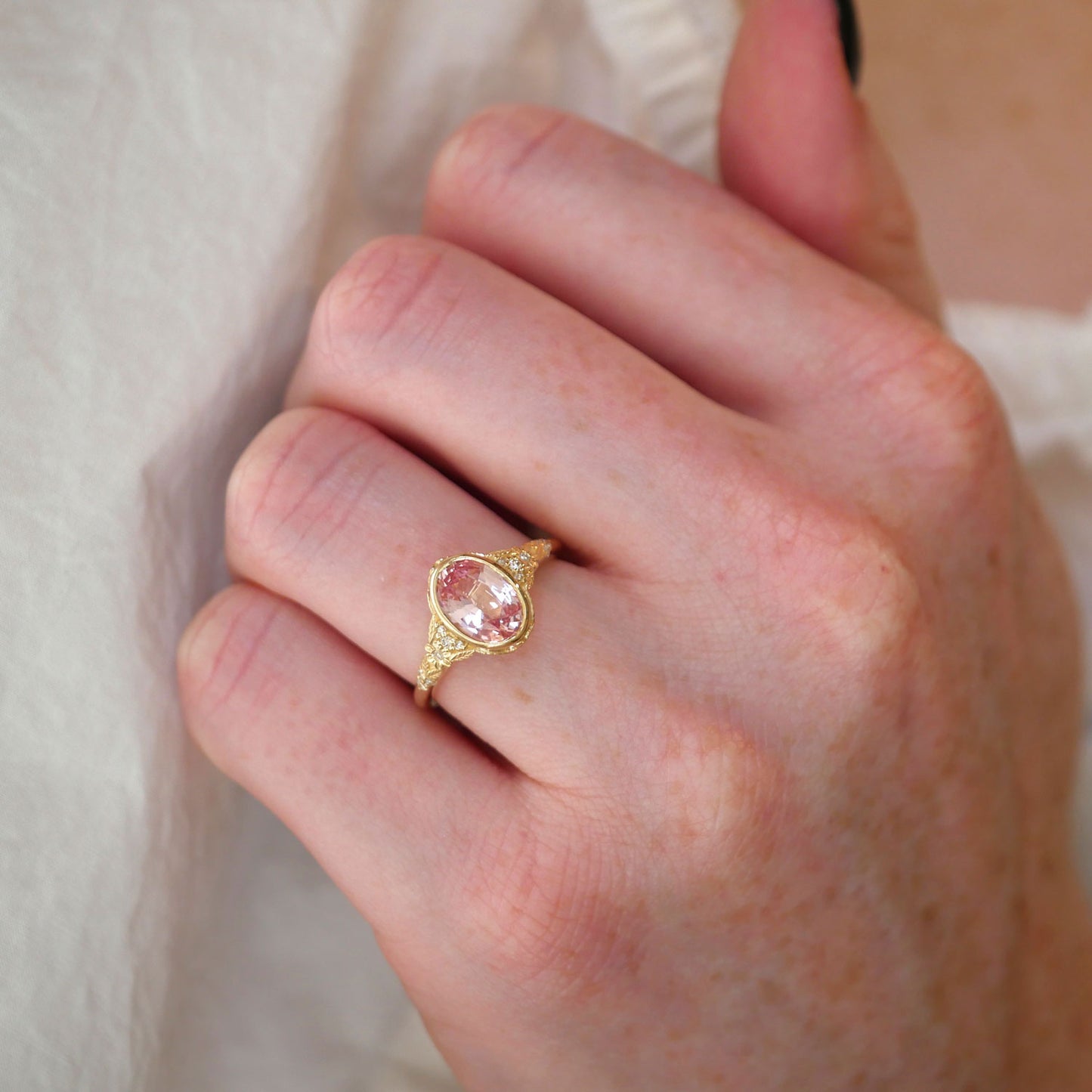 Primrose Padparadscha Oval Sapphire Diamond Ring