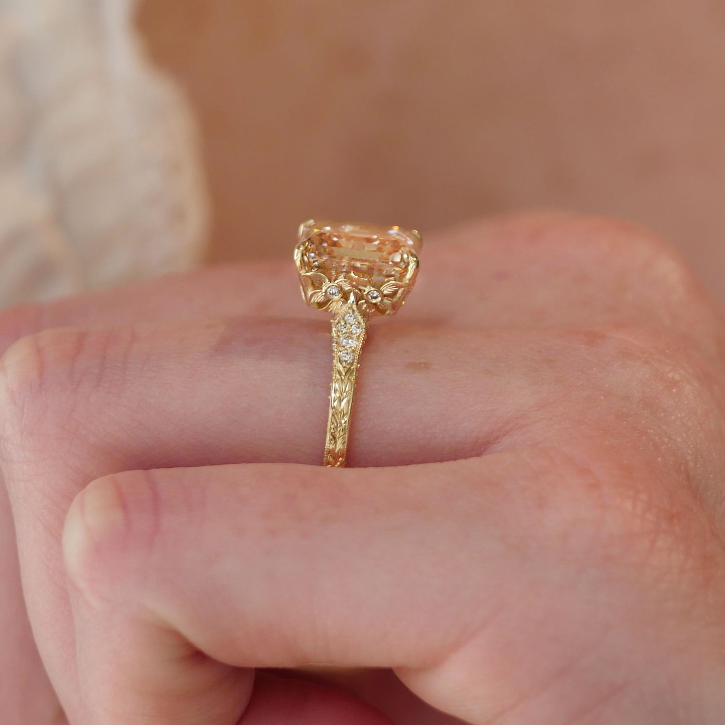 Plumeria Champagne Emerald Cut Diamond Ring