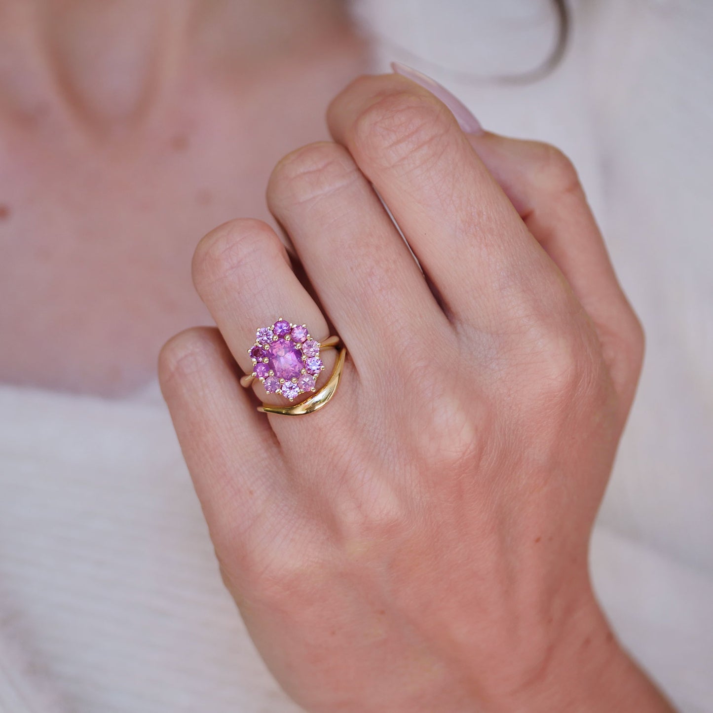 Opalescent Pink Sapphire Cluster Ring