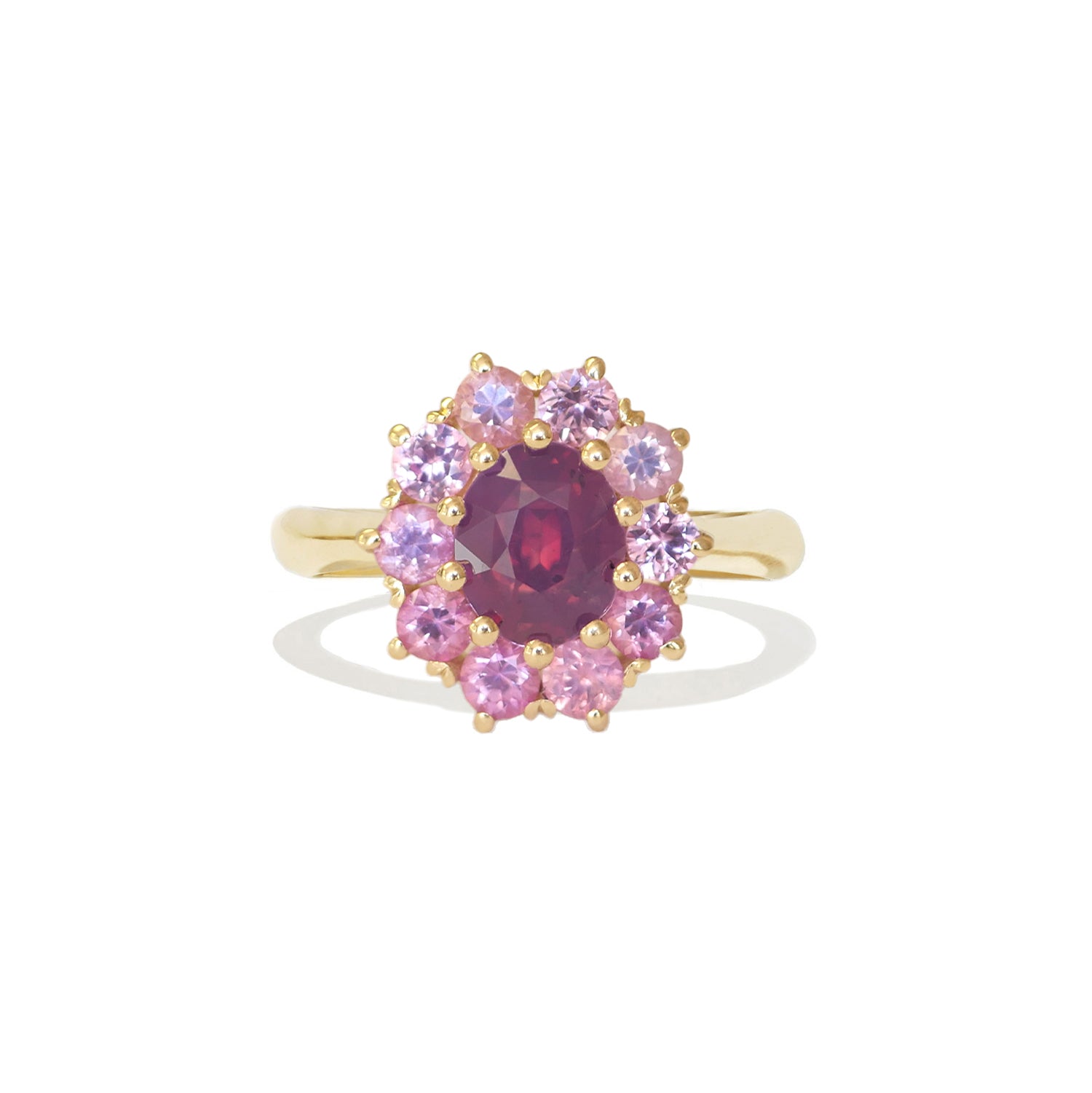 vintage inspired cluster ring with purple and pink sapphires