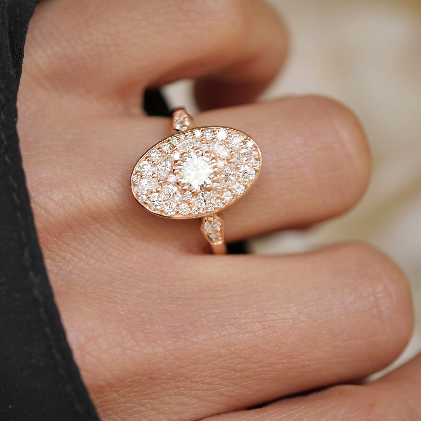 Custom Rose Gold Oval Shape Marquise and Round Brilliant Cut Diamond Mosaic Ring