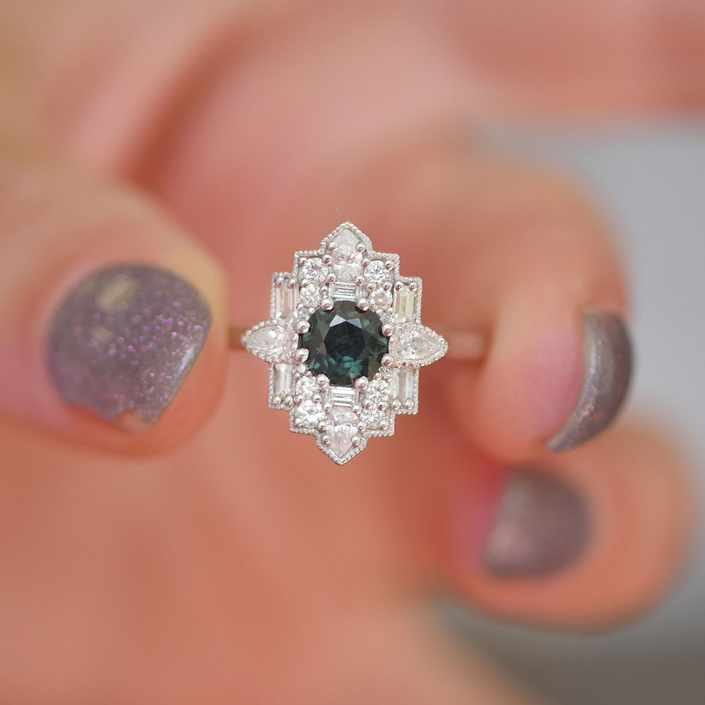 Teal Sapphire Deco Round Cut Diamond Mosaic Ring