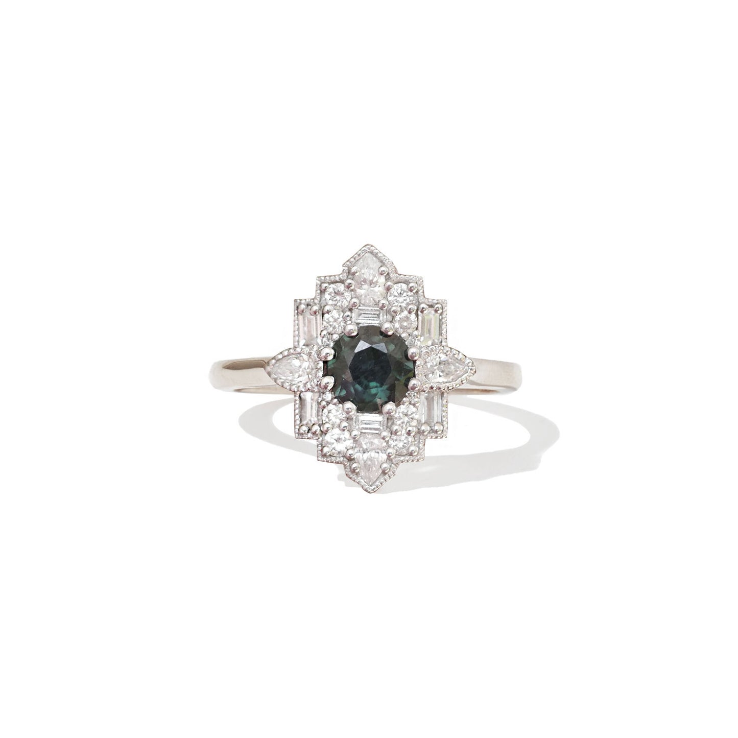 Teal Sapphire Deco Round Cut Diamond Mosaic Ring