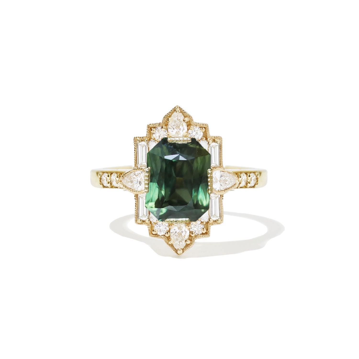Custom Green Sapphire Deco Emerald & Pear Mosaic Ring