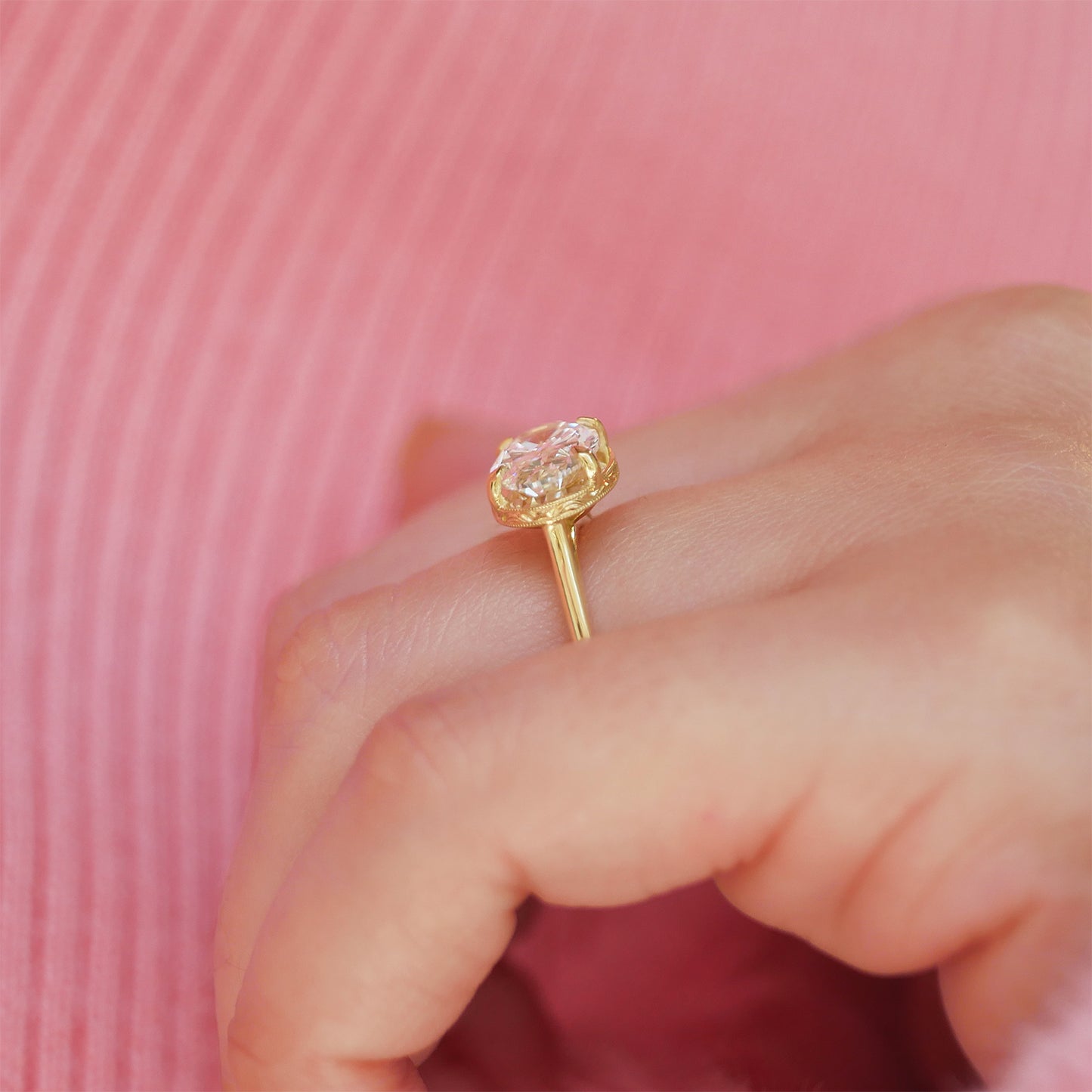 Custom East West Oval Diamond Ring w/ Milgrain Border & Hand Engraved Basket