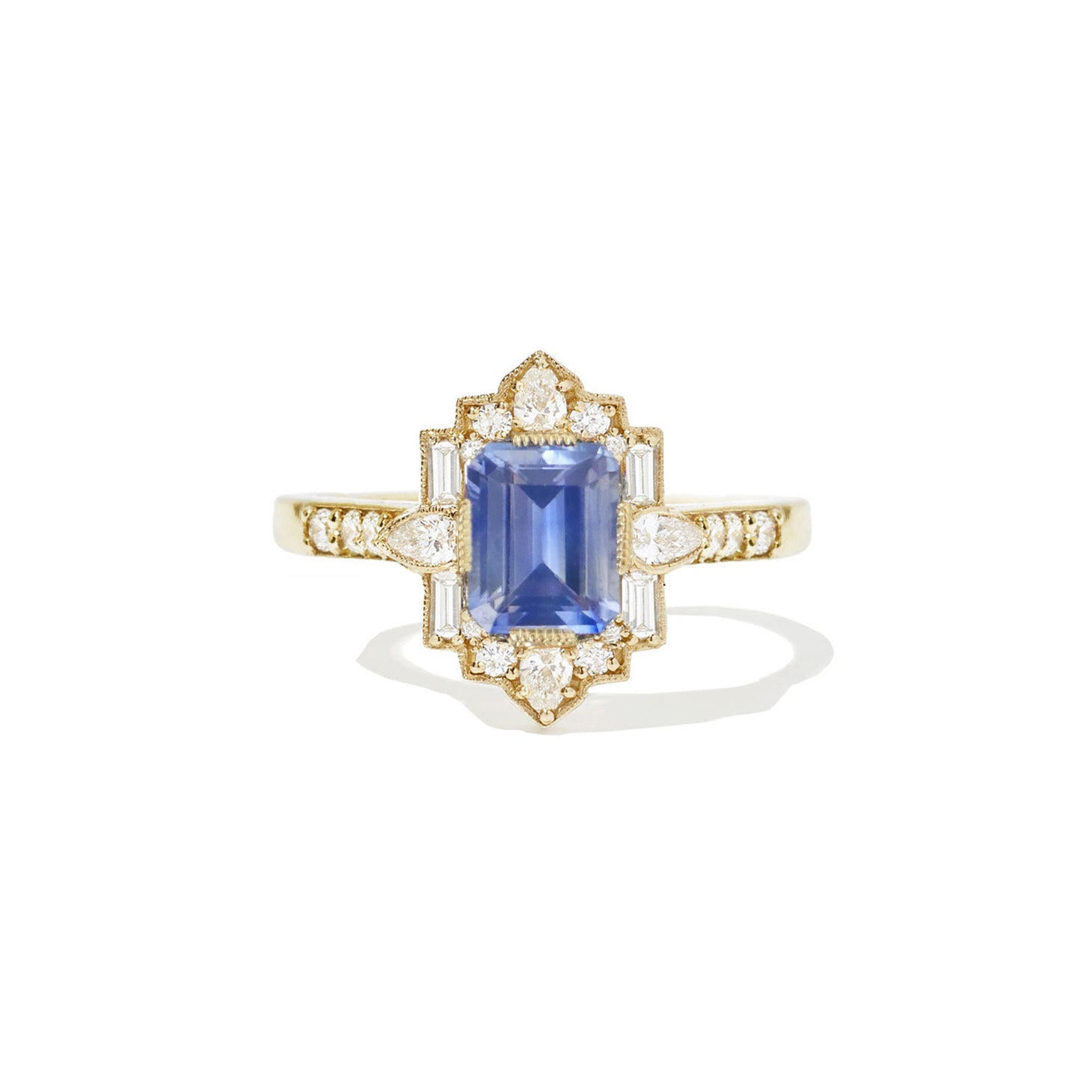 Cornflower Blue Sapphire Deco Pear and Emerald Cut Diamond Ring