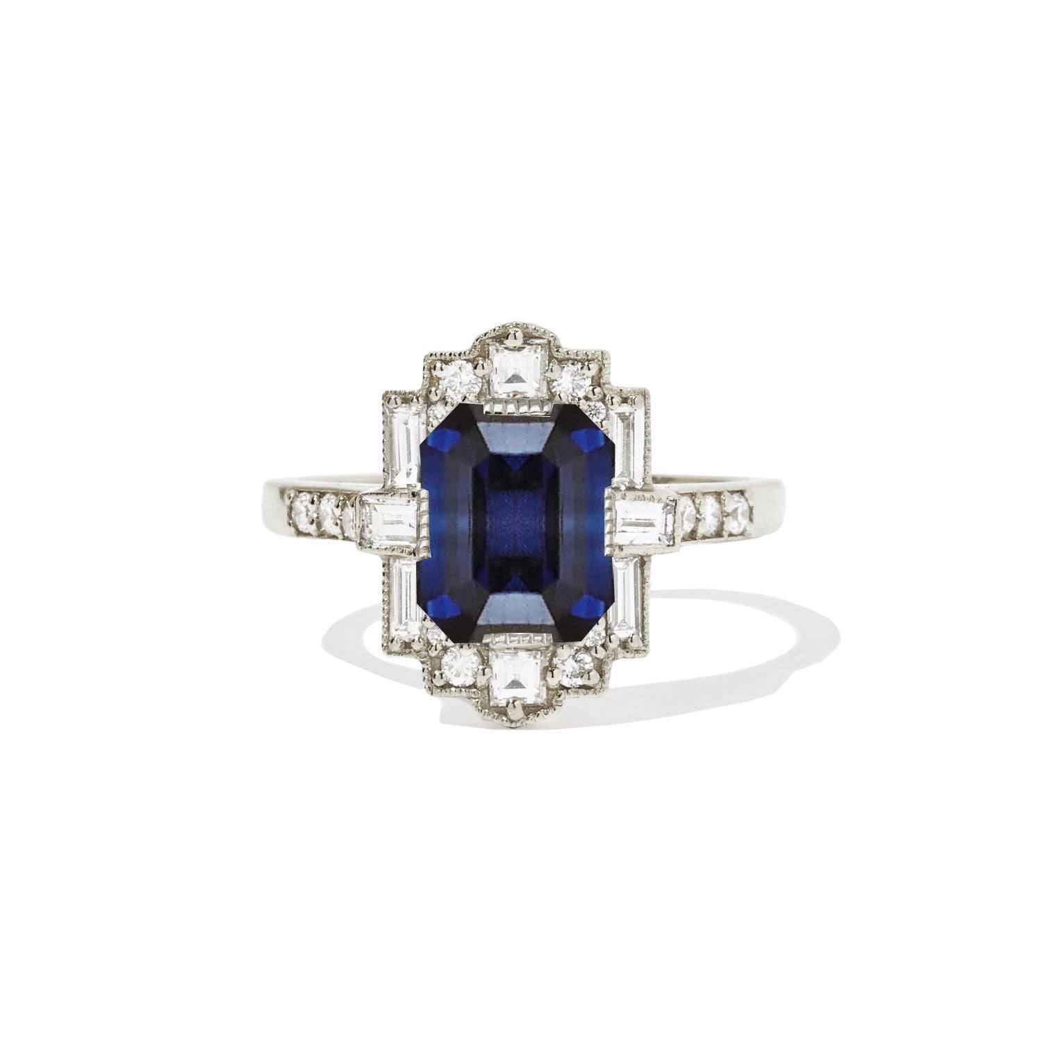 Ceylon Sapphire Deco Emerald Cut Diamond Mosaic Ring