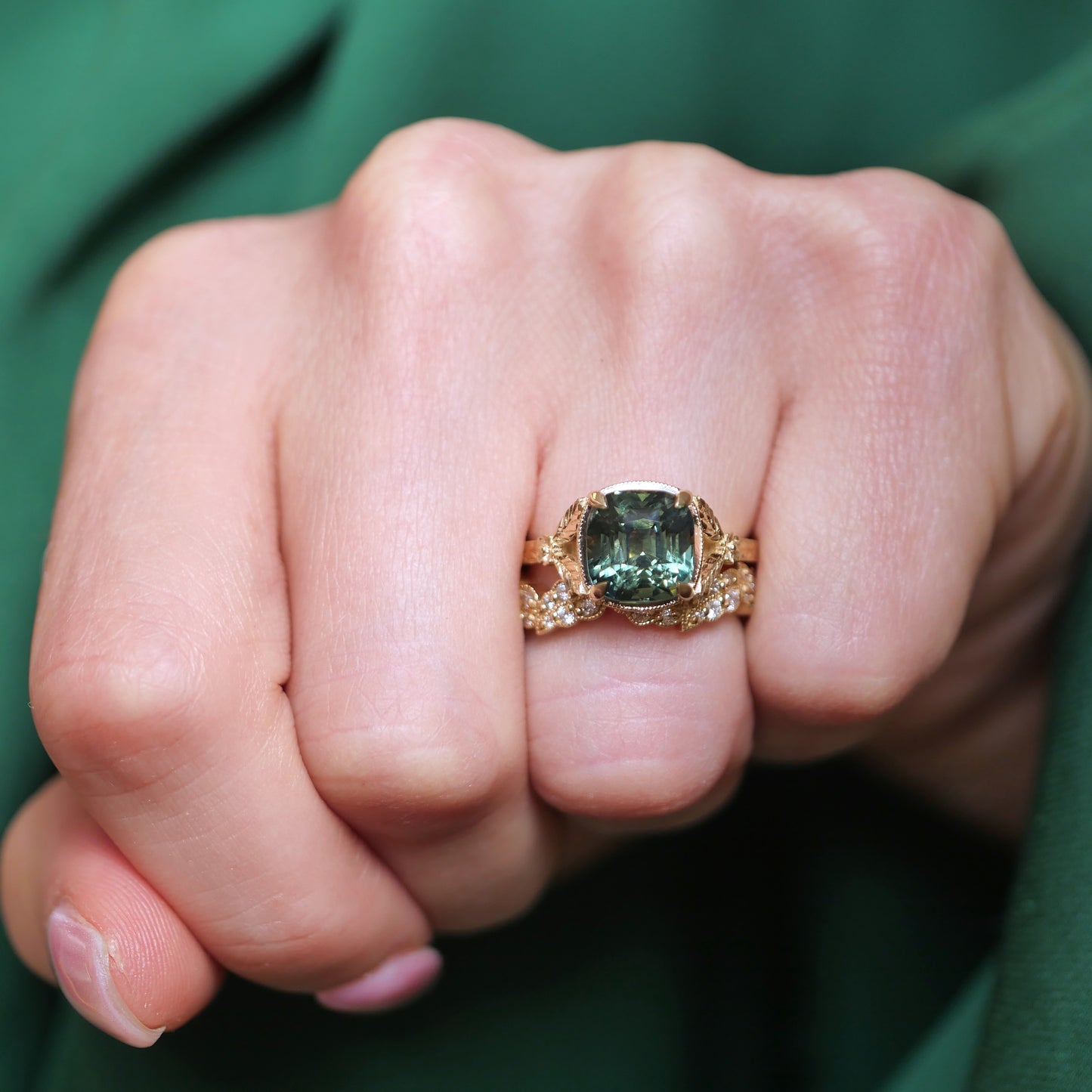 Forest Green Sapphire Split Shank Solitaire