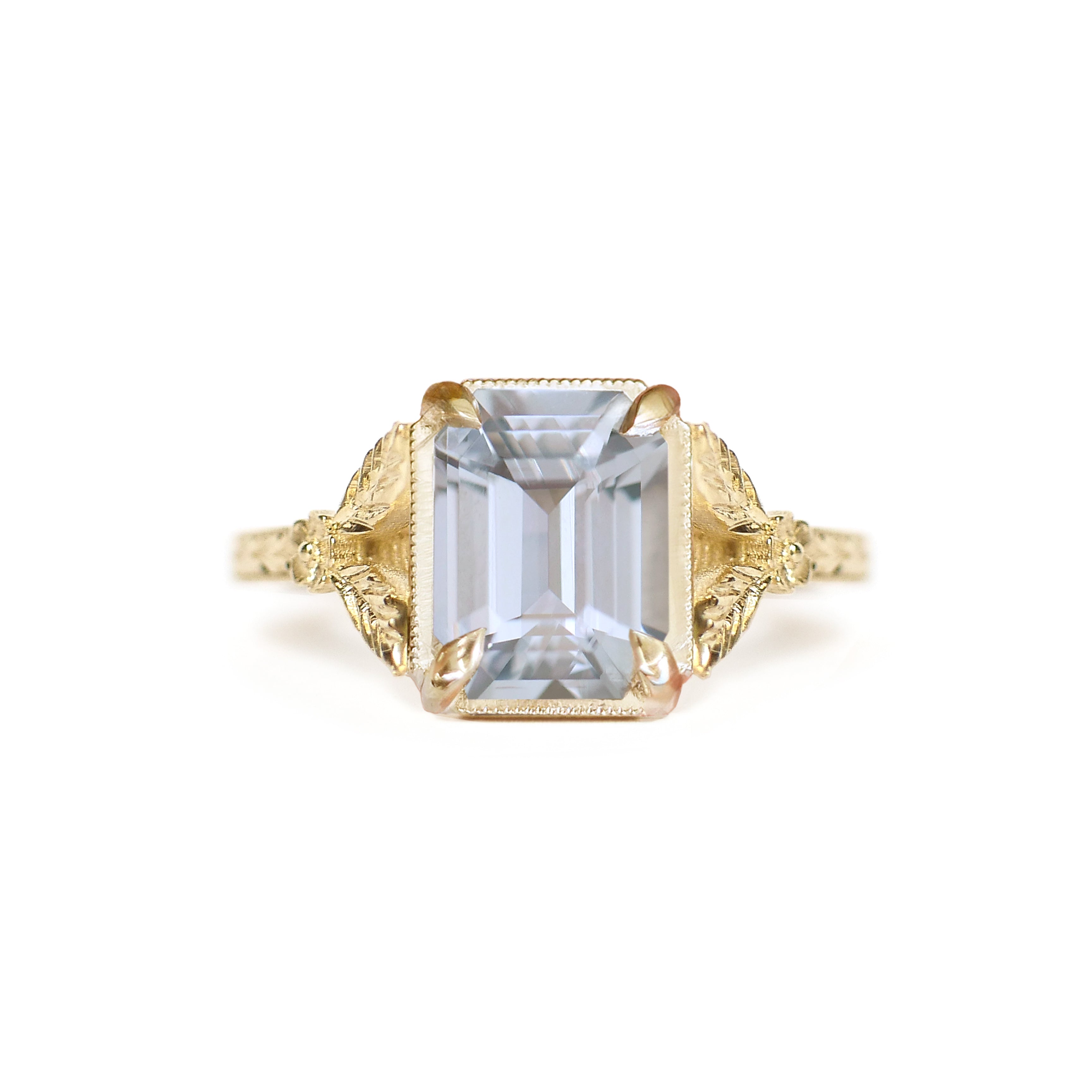 Light Grey Green Sapphire Split Shank Solitaires w/leaves