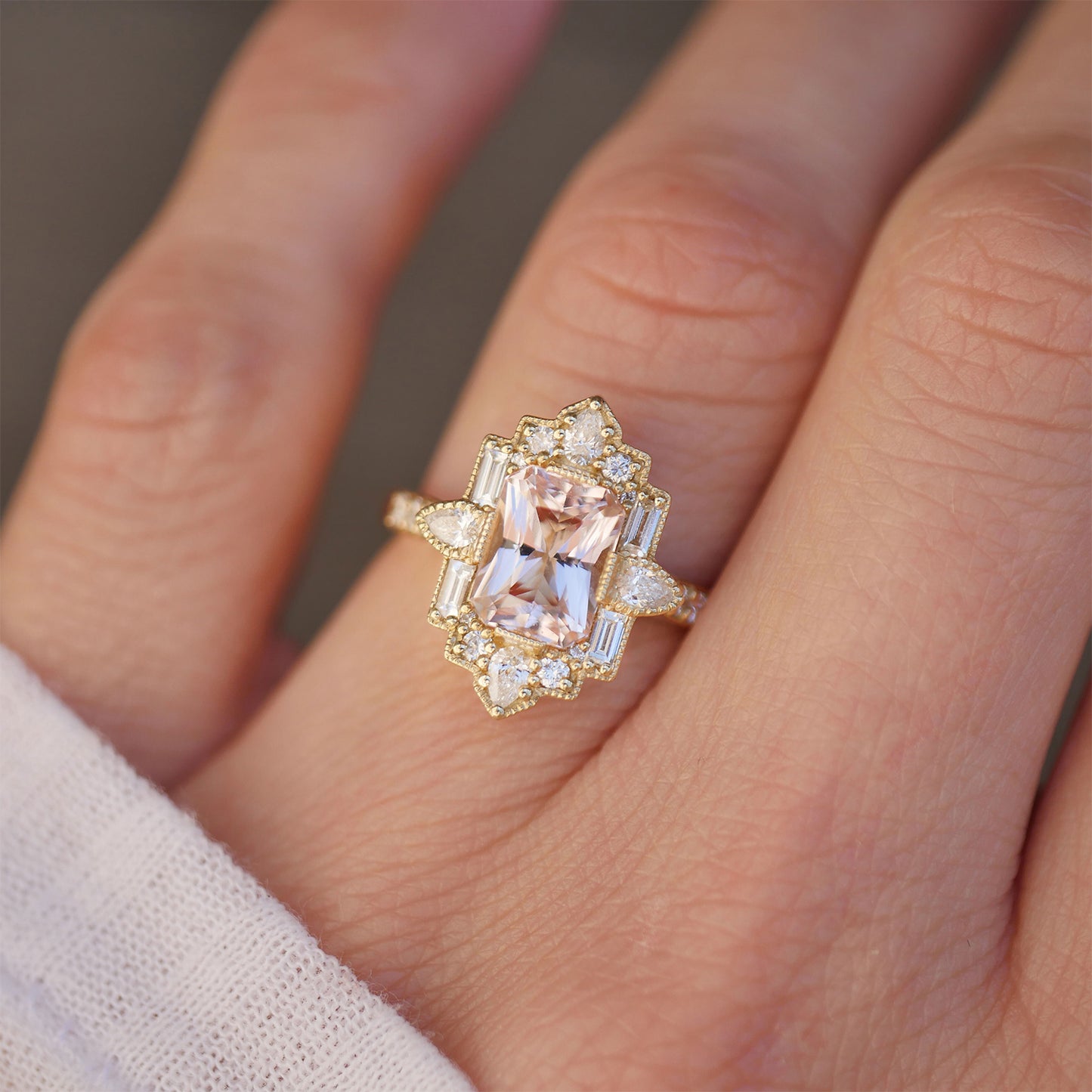 Deco Emerald & Pear Morganite Mosaic Ring