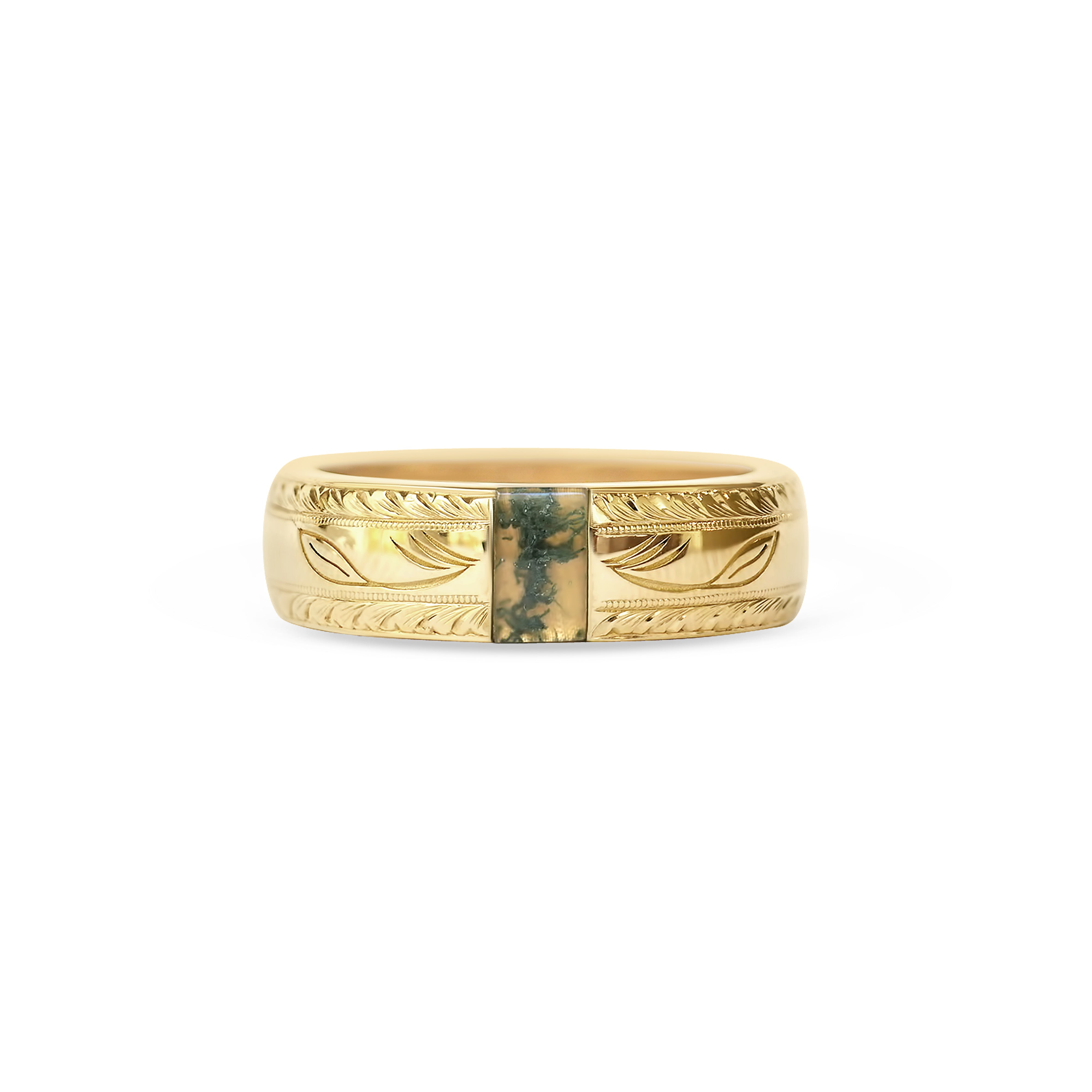 Custom Hand Engraved Mens Moss Agate Ring