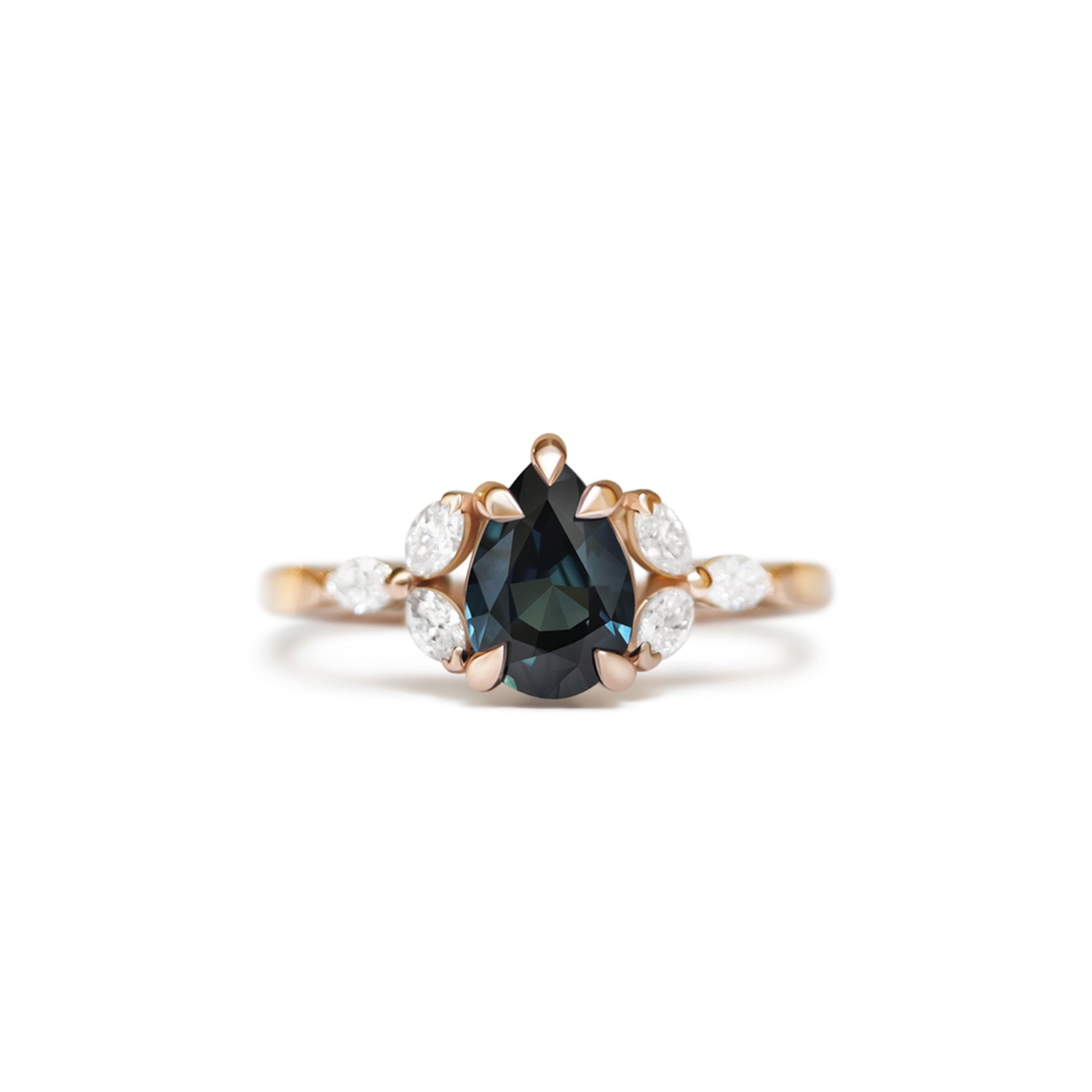 Custom Teal Pear Sapphire and Marquise Rose Gold Ring