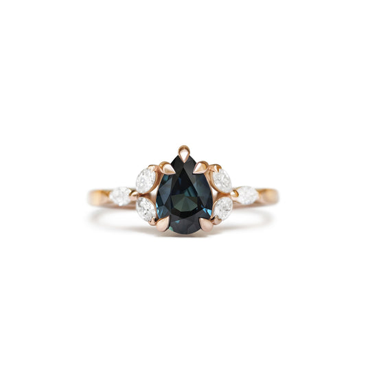 Custom Teal Pear Sapphire and Marquise Rose Gold Ring