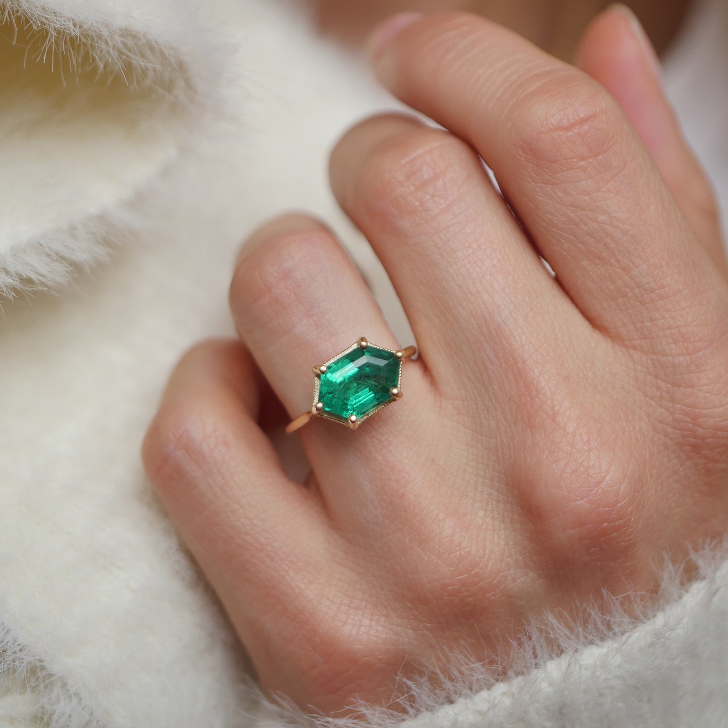 Elongated Hexagon Emerald Solitaire Ring