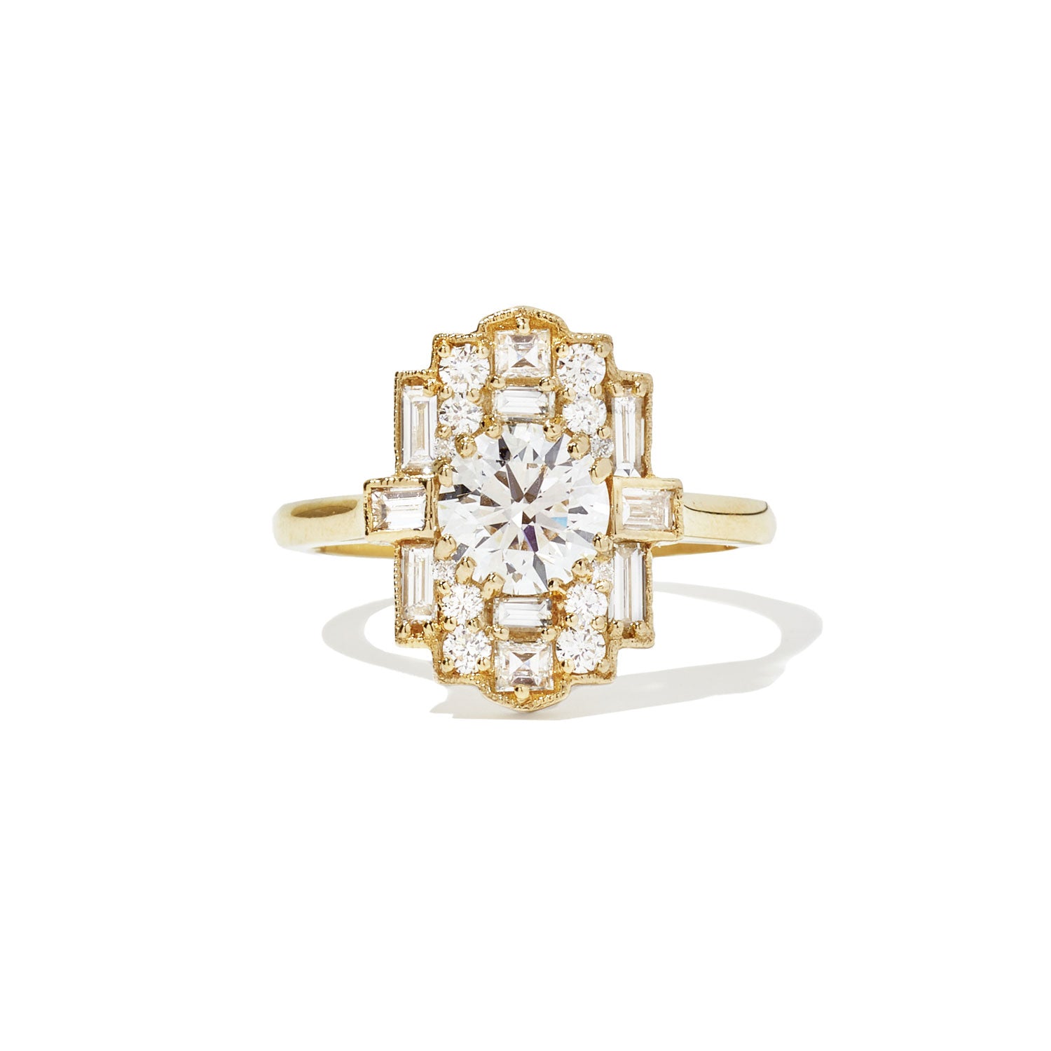 Deco Halo Baguette & Round Diamond Mosaic Ring 1.00 ctw center