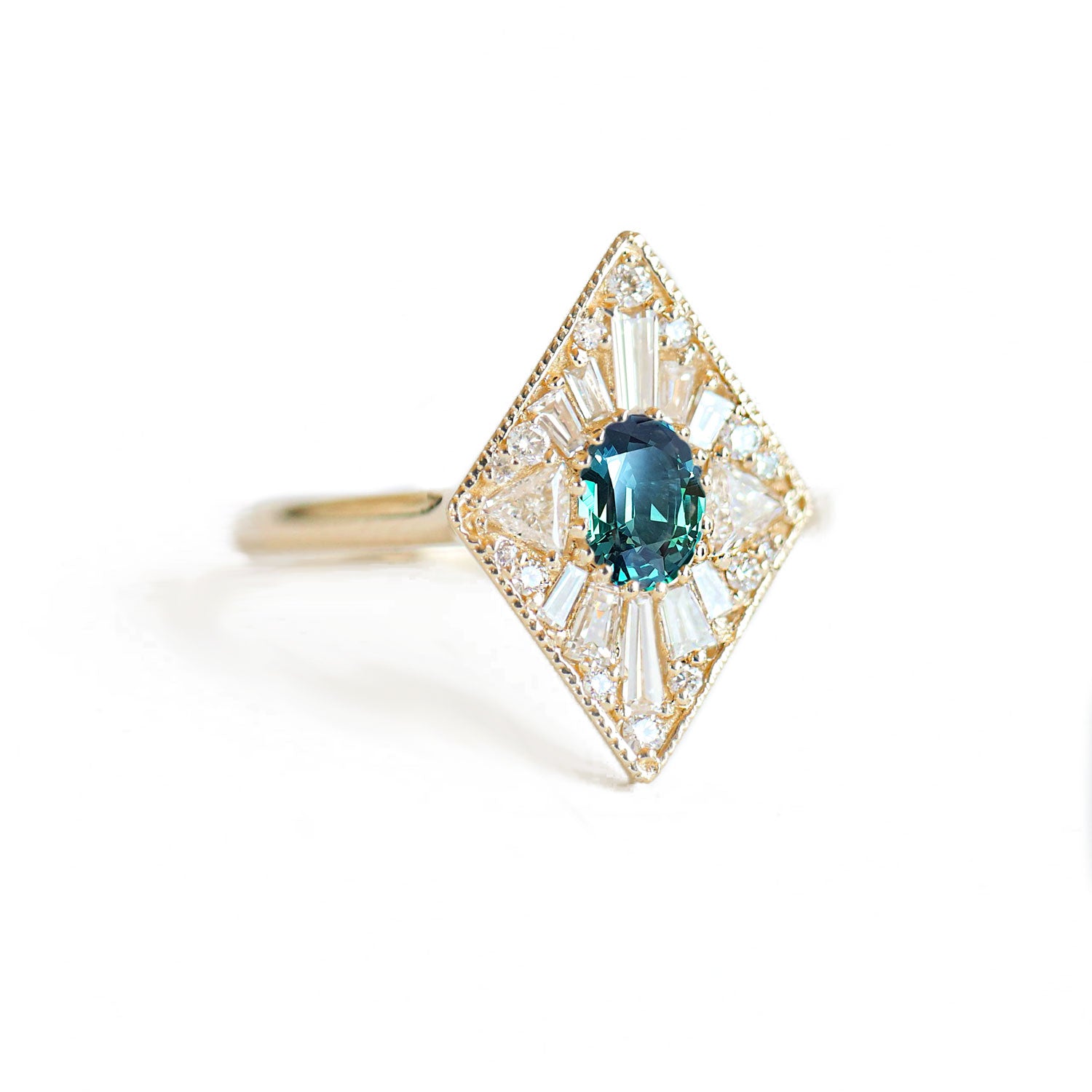 Custom Mini Kite Shape Teal Oval Sapphire Diamond Mosaic Ring