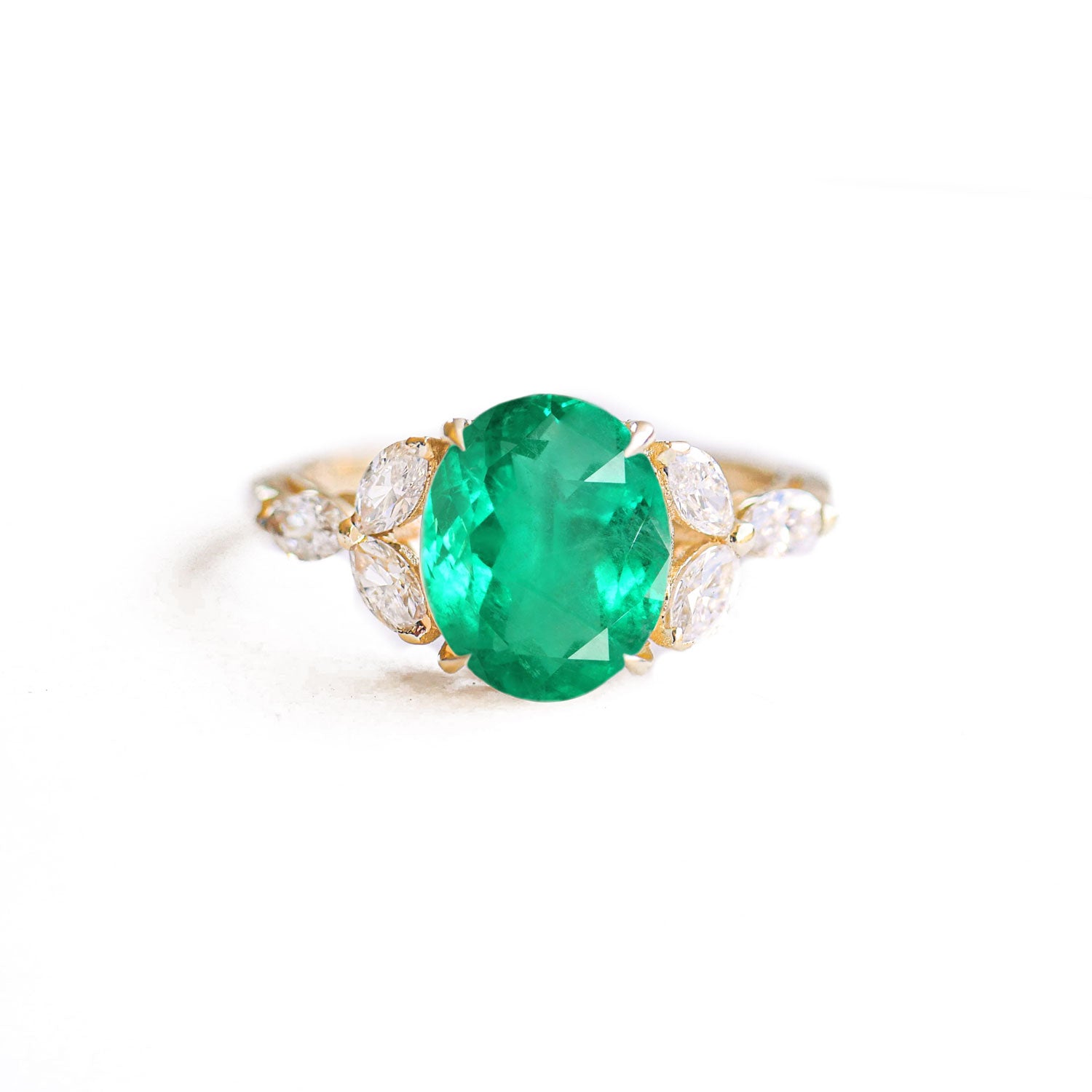 Custom Oval Colombian Emerald & Marquise Diamond Ring