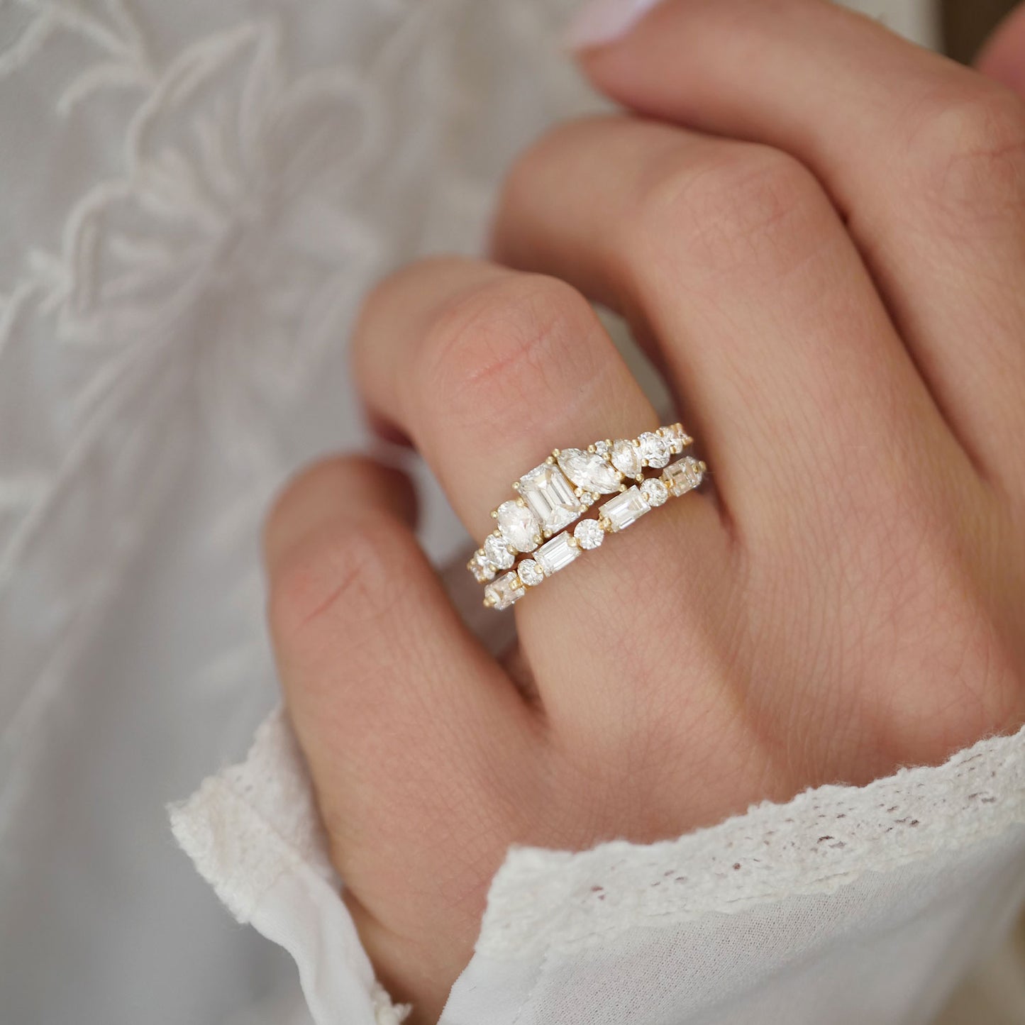 Designed to make a statement, the Emerald & Marquise Firework Diamond Mosaic Band blends the timeless beauty of emerald diamonds with the fiery brilliance of marquise cuts for a truly unforgettable look.