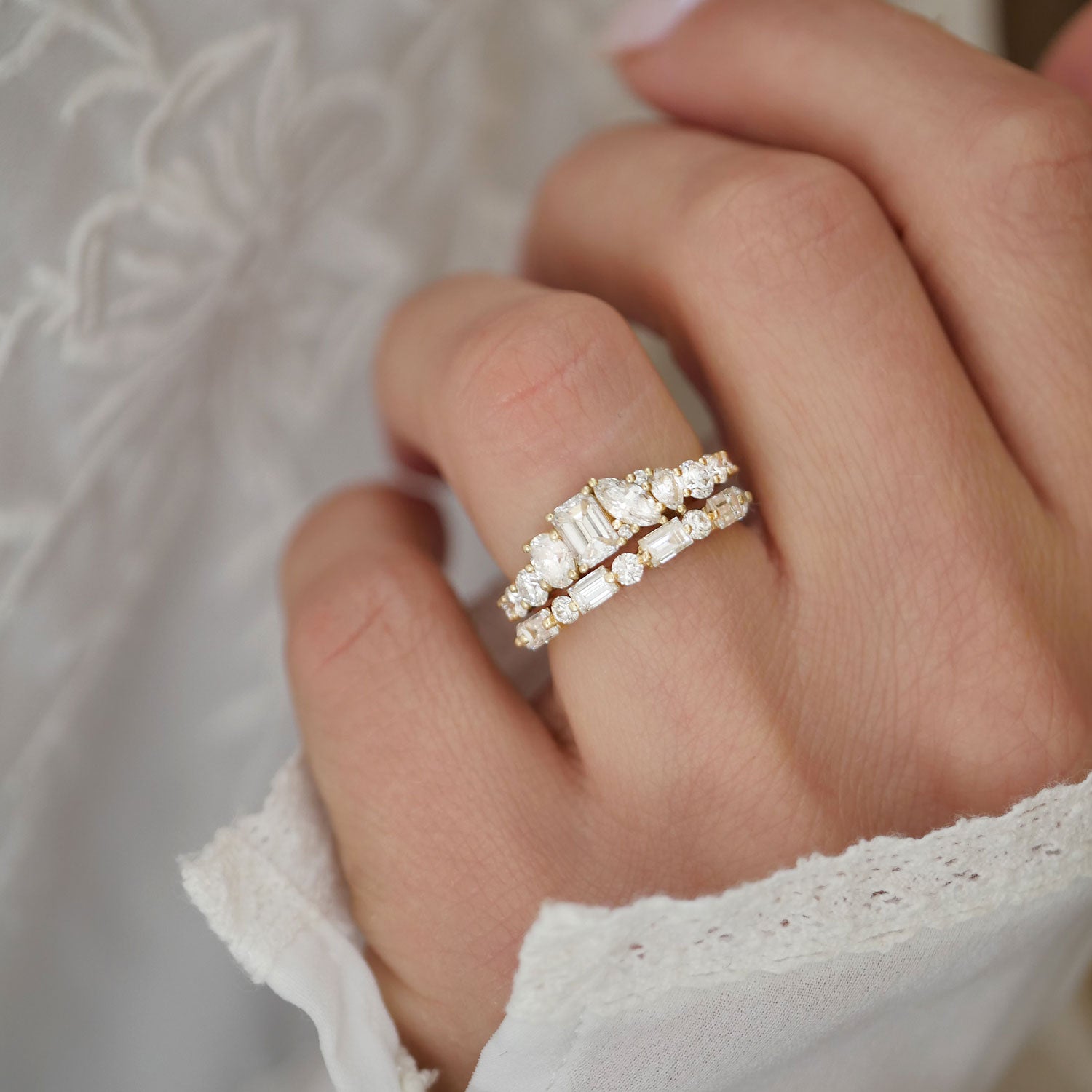 Designed to make a statement, the Emerald & Marquise Firework Diamond Mosaic Band blends the timeless beauty of emerald diamonds with the fiery brilliance of marquise cuts for a truly unforgettable look.