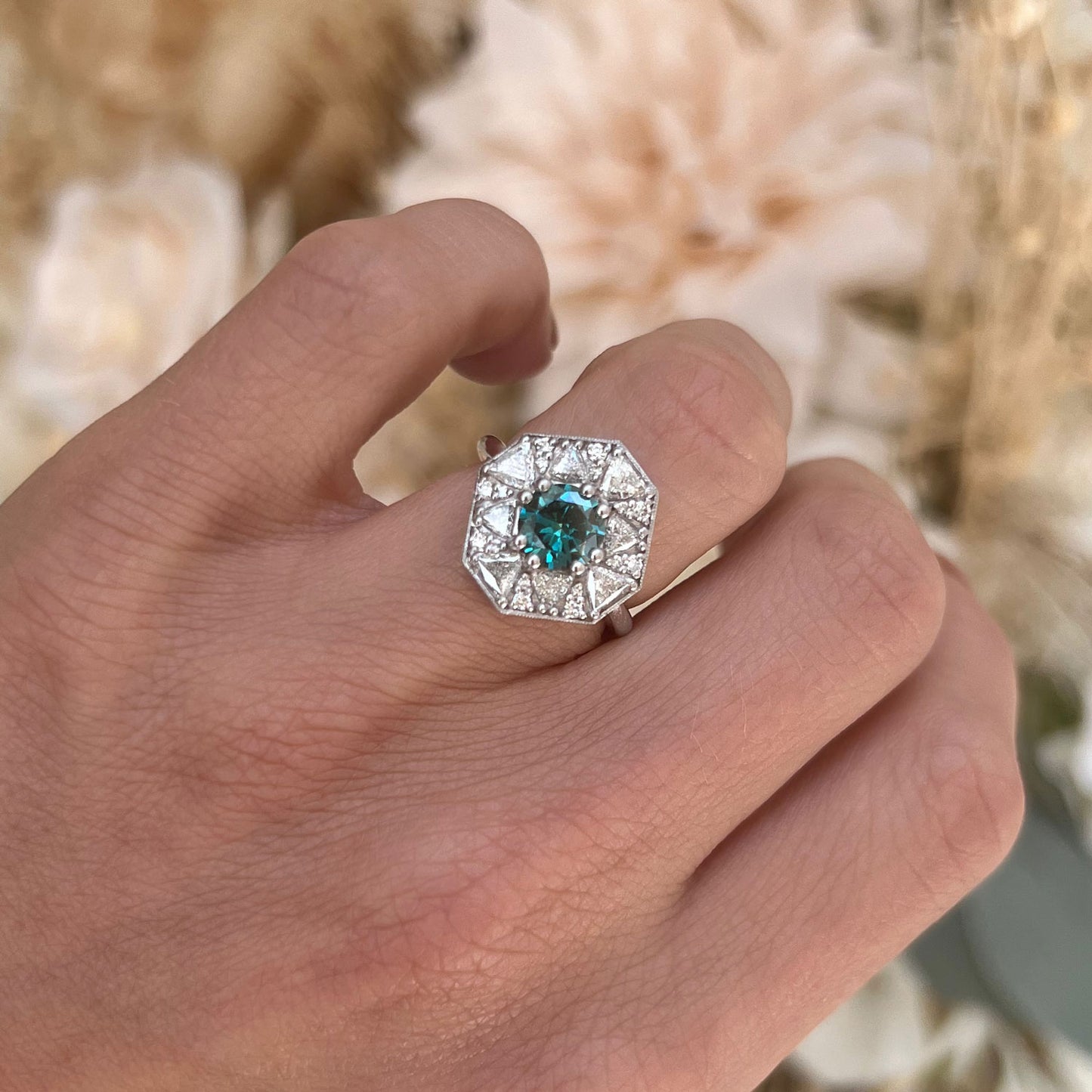 Custom Blue Diamond Octagon Shape Trillion & Diamond Mosaic Ring