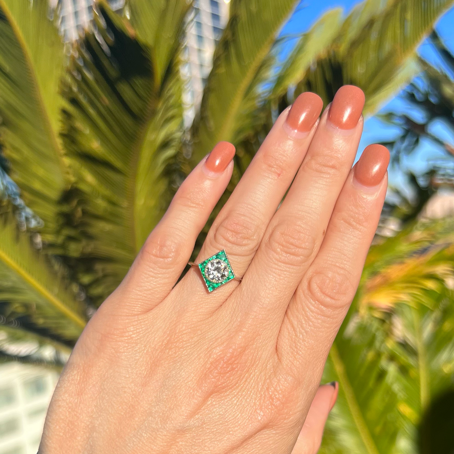 Art Deco Calibre Cut Emerald & Old European Cut Diamond Ring