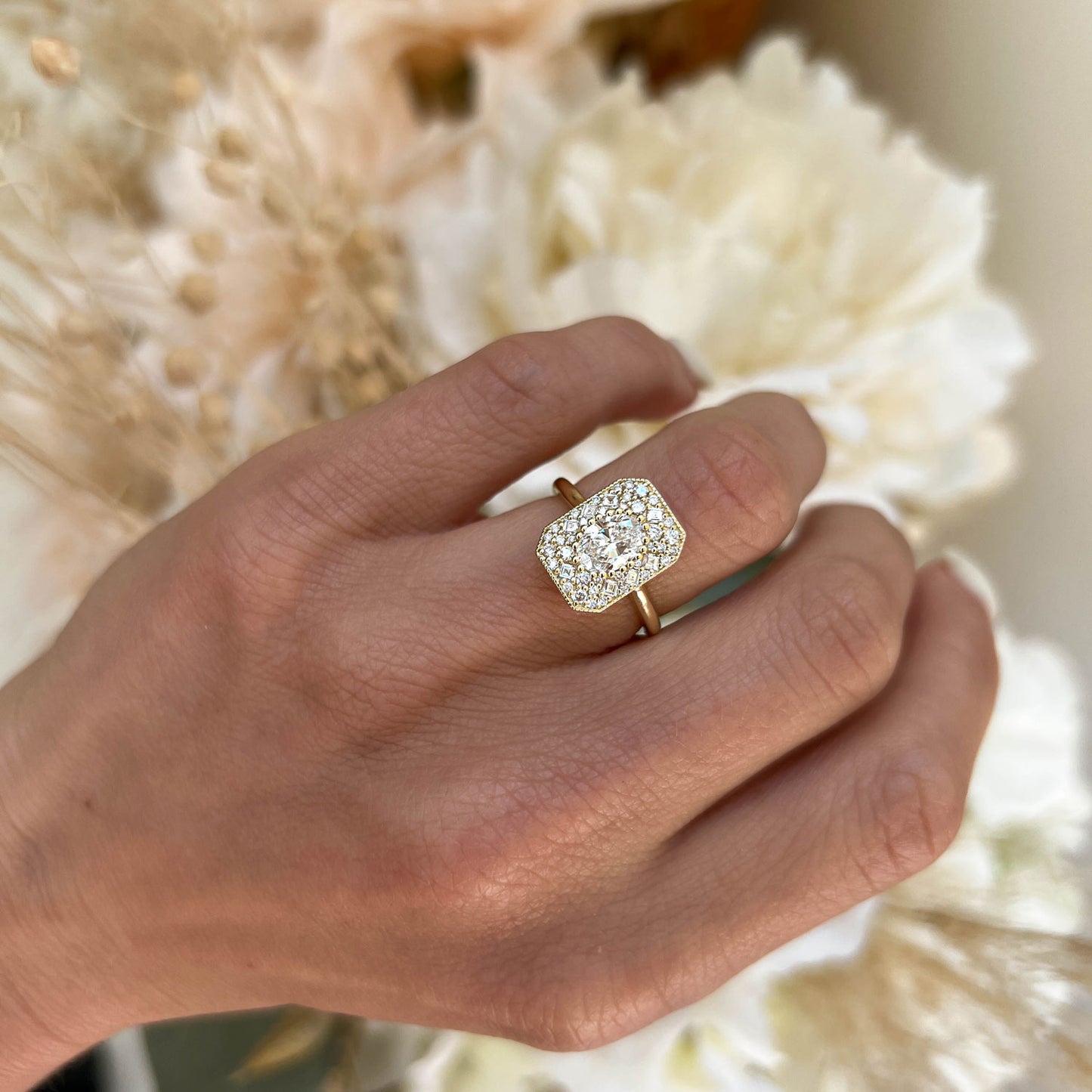 Emerald Shape Carré & Oval Diamond Mosaic Ring