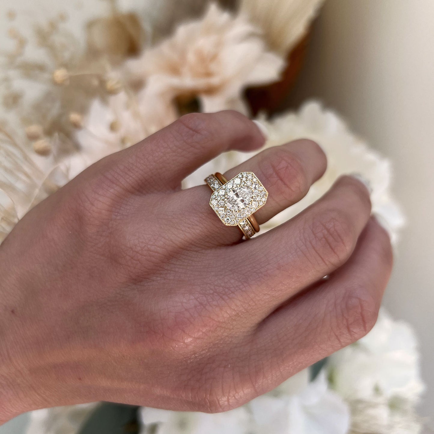 Emerald Shape Carré & Oval Diamond Mosaic Ring