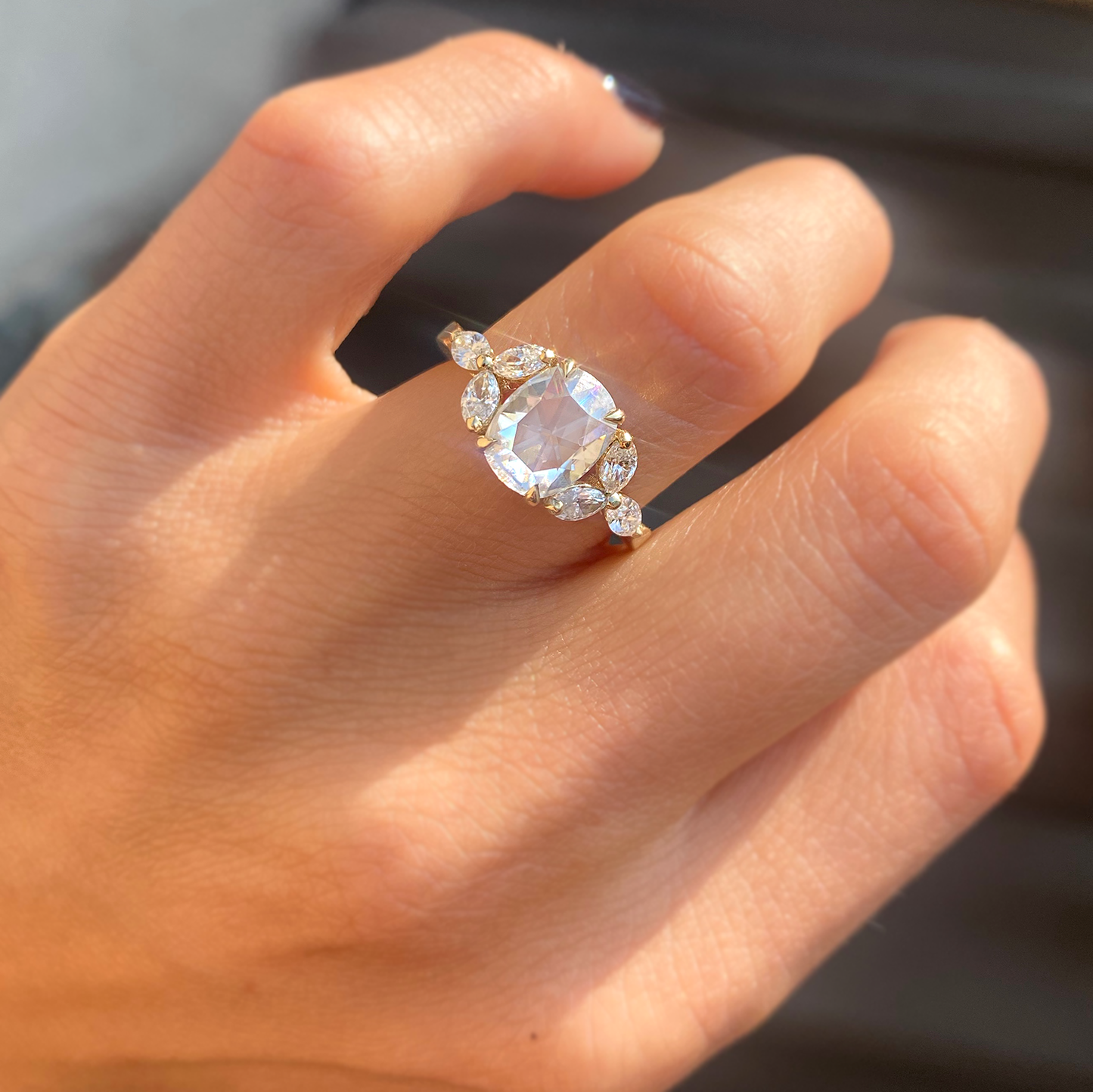 Antique Cushion Rose Cut Moissanite & Marquise Diamond Ring