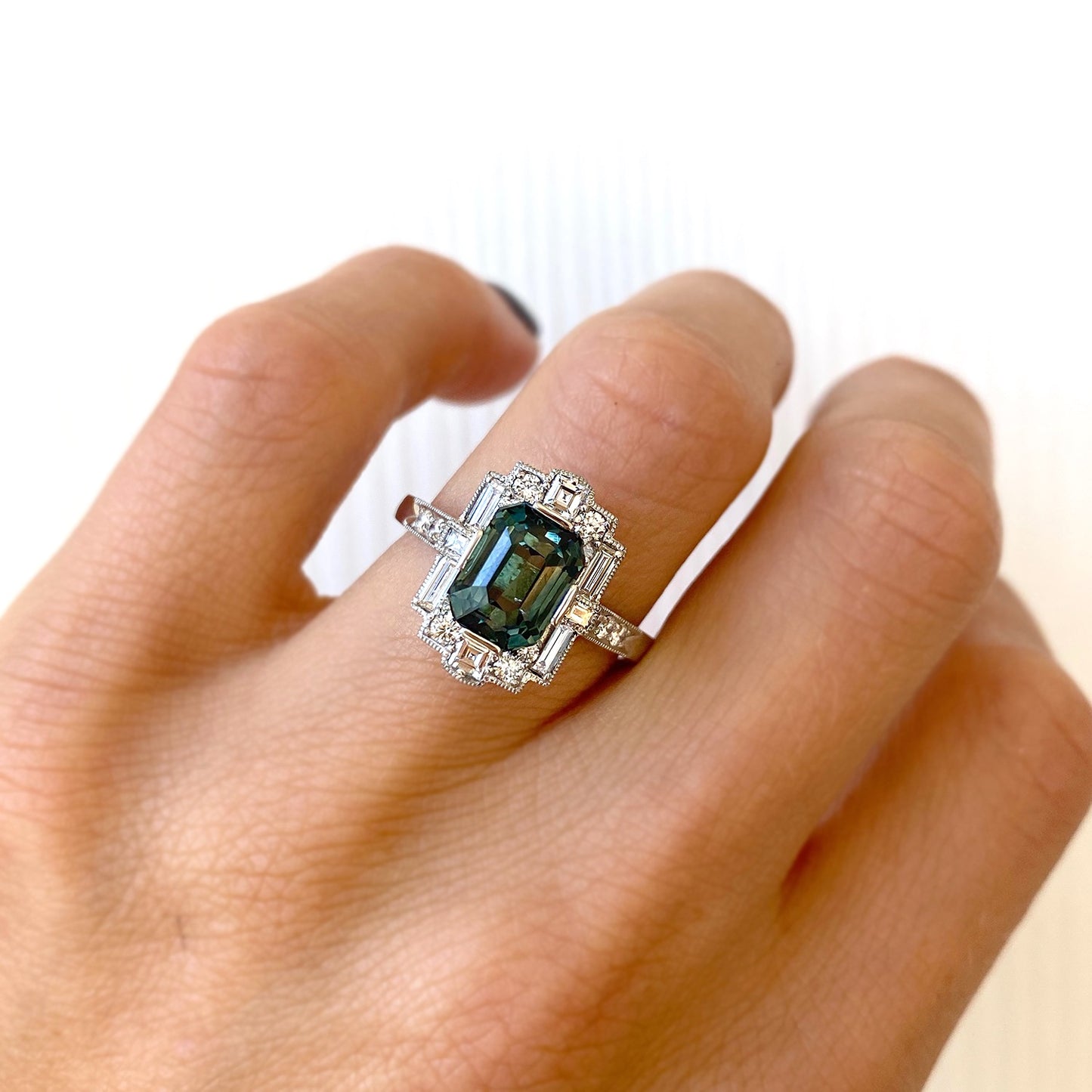Custom Blue Green Emerald Cut Sapphire Deco Halo Engagement Ring