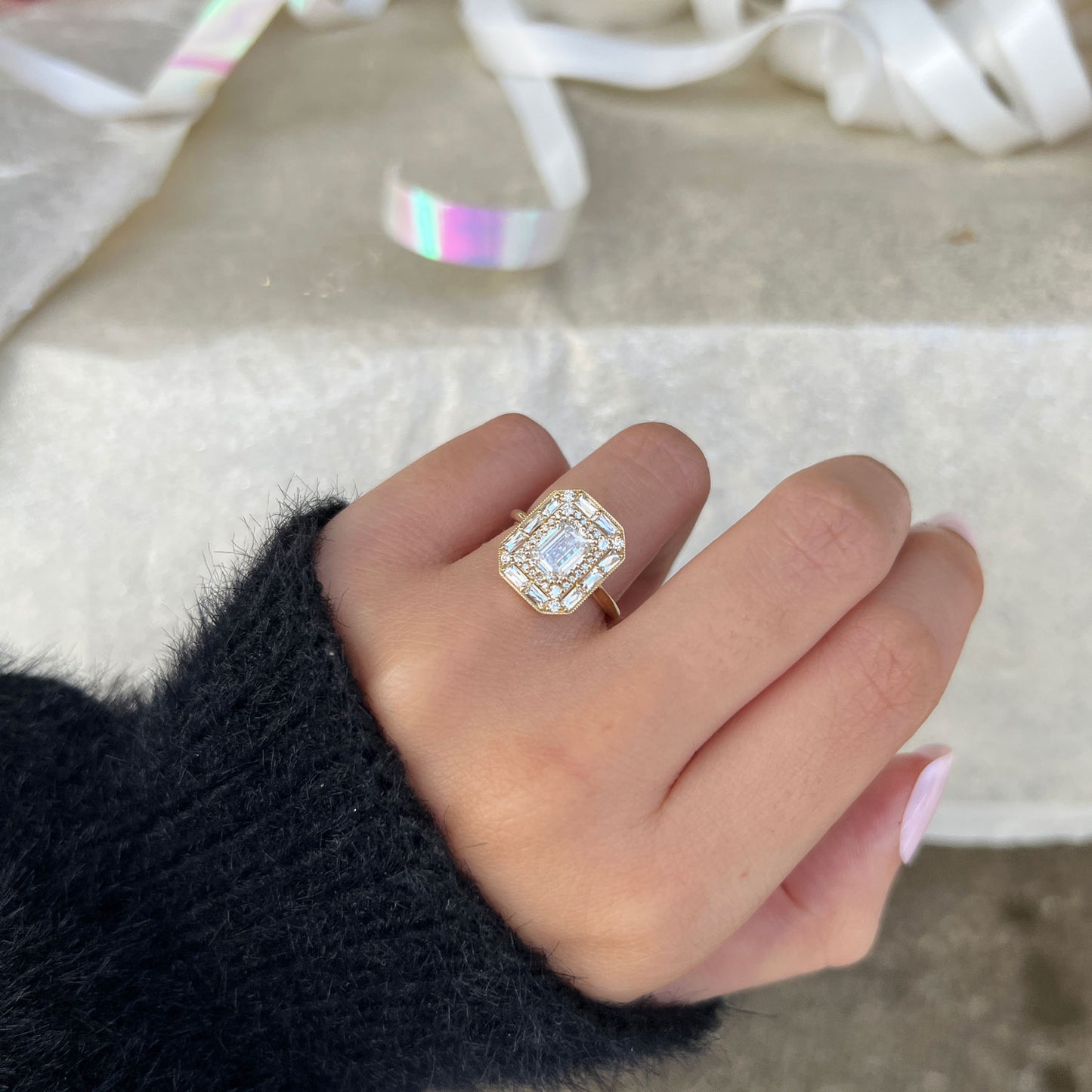 Emerald & French Cut Baguette Diamond Mosaic Ring