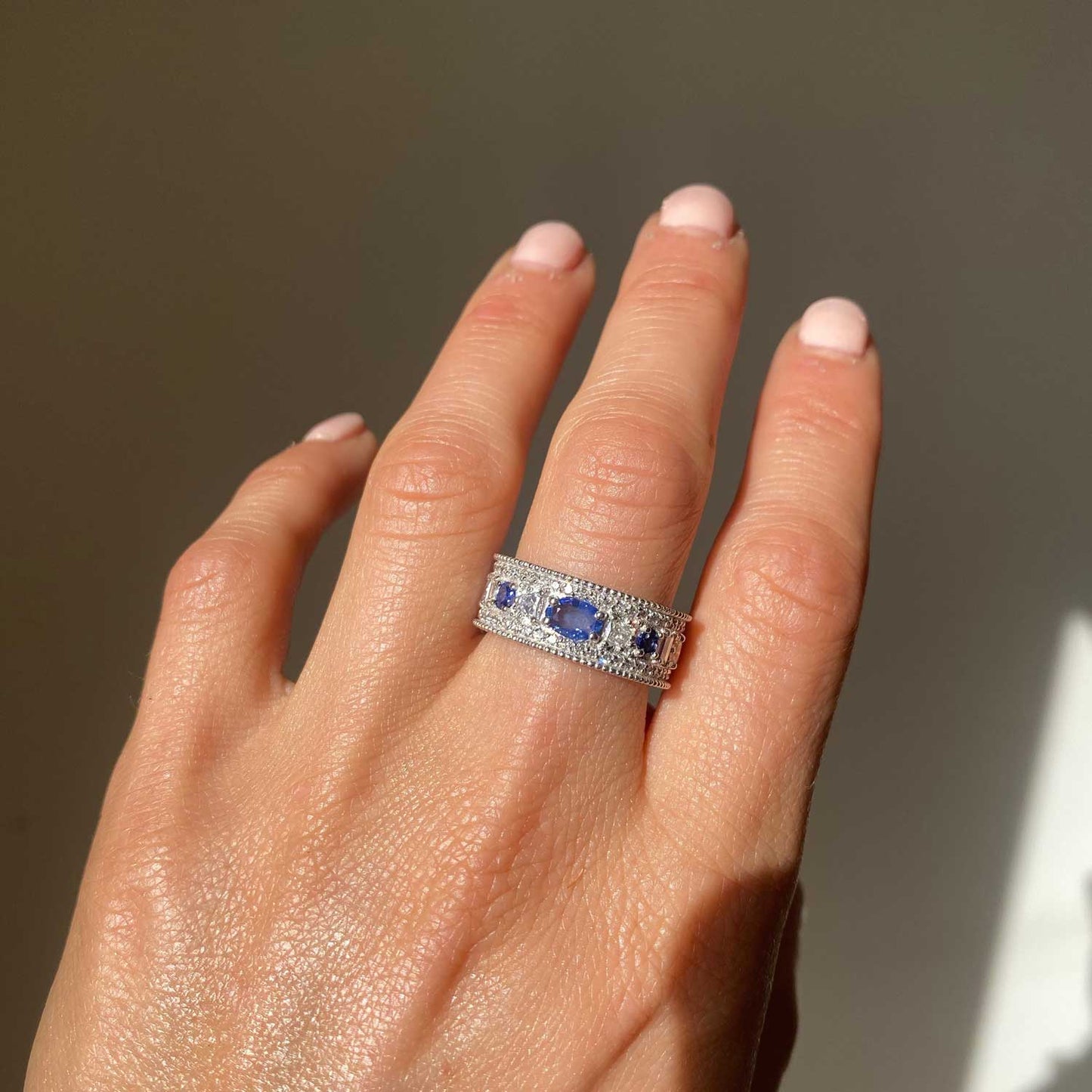 Custom East West Oval Rose Cut Ring with 3/4 diamond pattern & Cylon Sapphires
