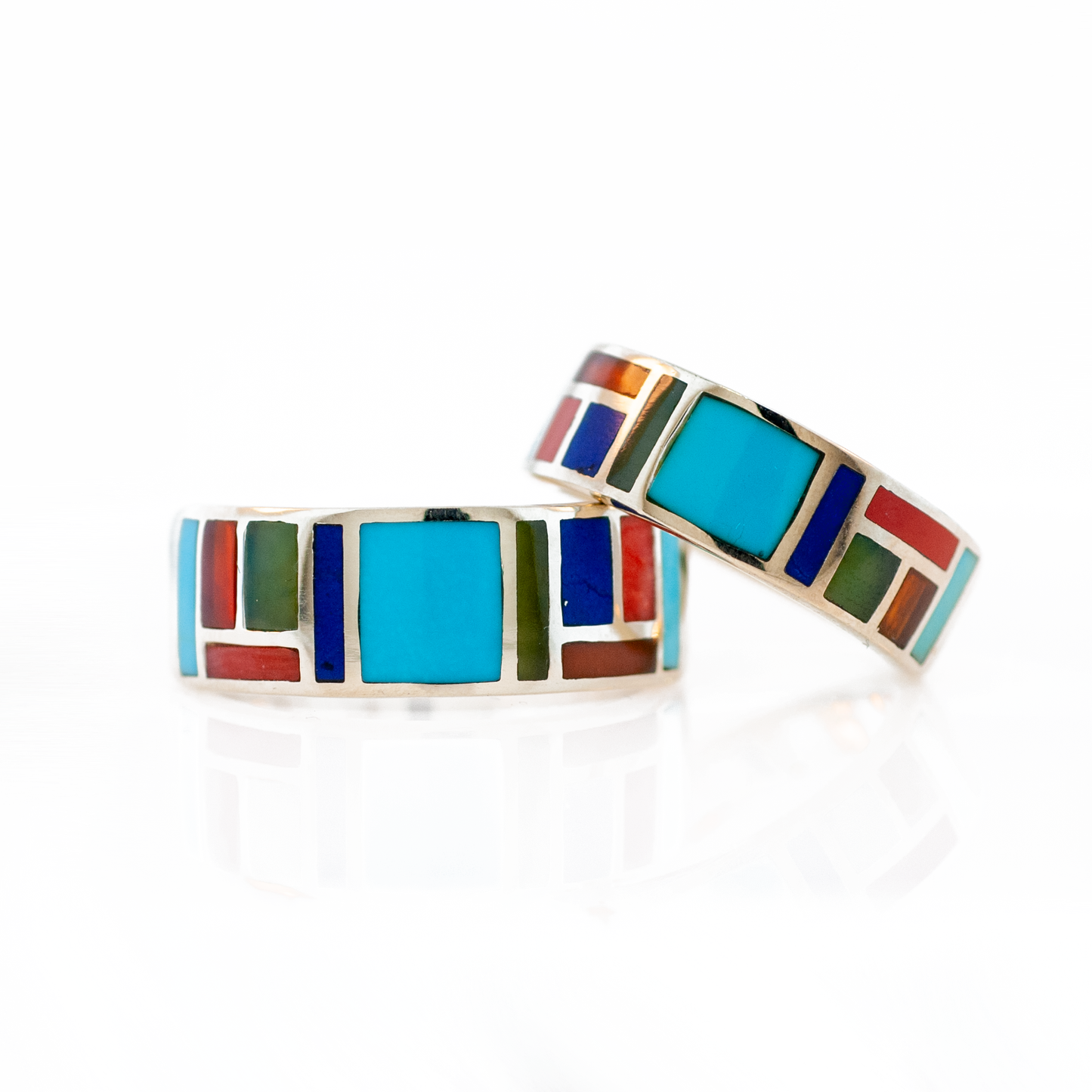 Turquoise & Stone Inlay Couples Wedding Ring Set