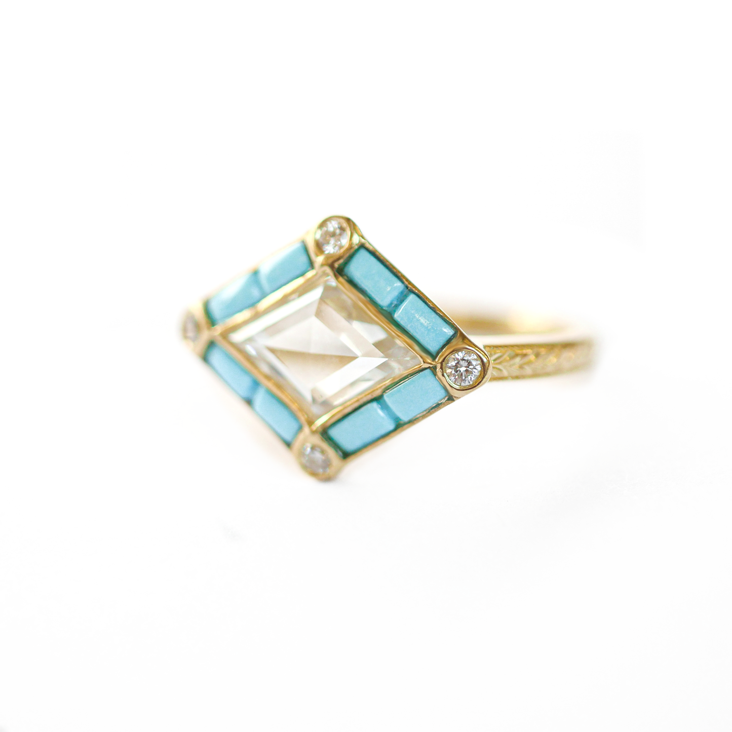 Custom Rose Cut Kite Shaped Diamond Ring with Turquoise Halo