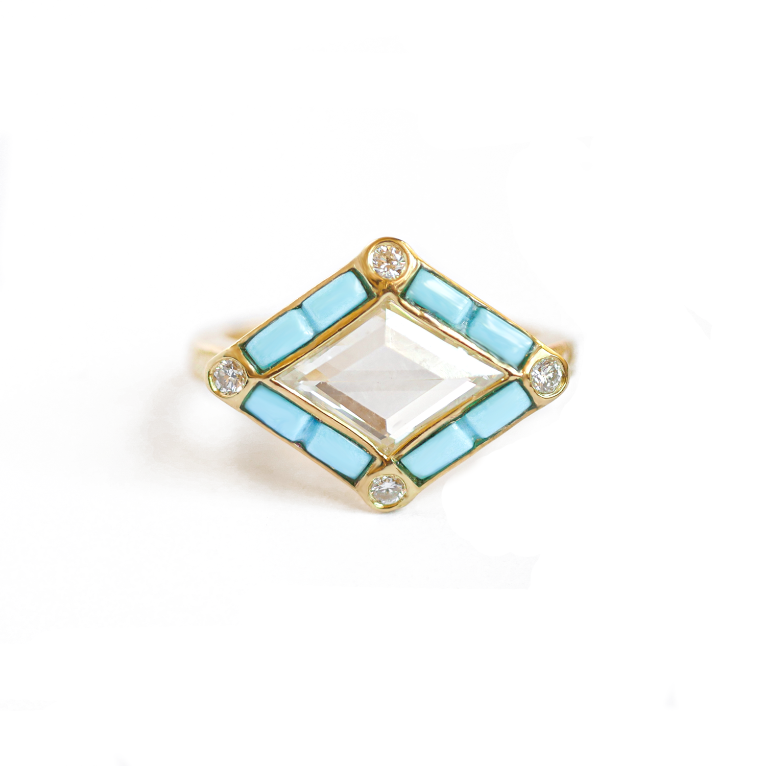 Custom Rose Cut Kite Shaped Diamond Ring with Turquoise Halo